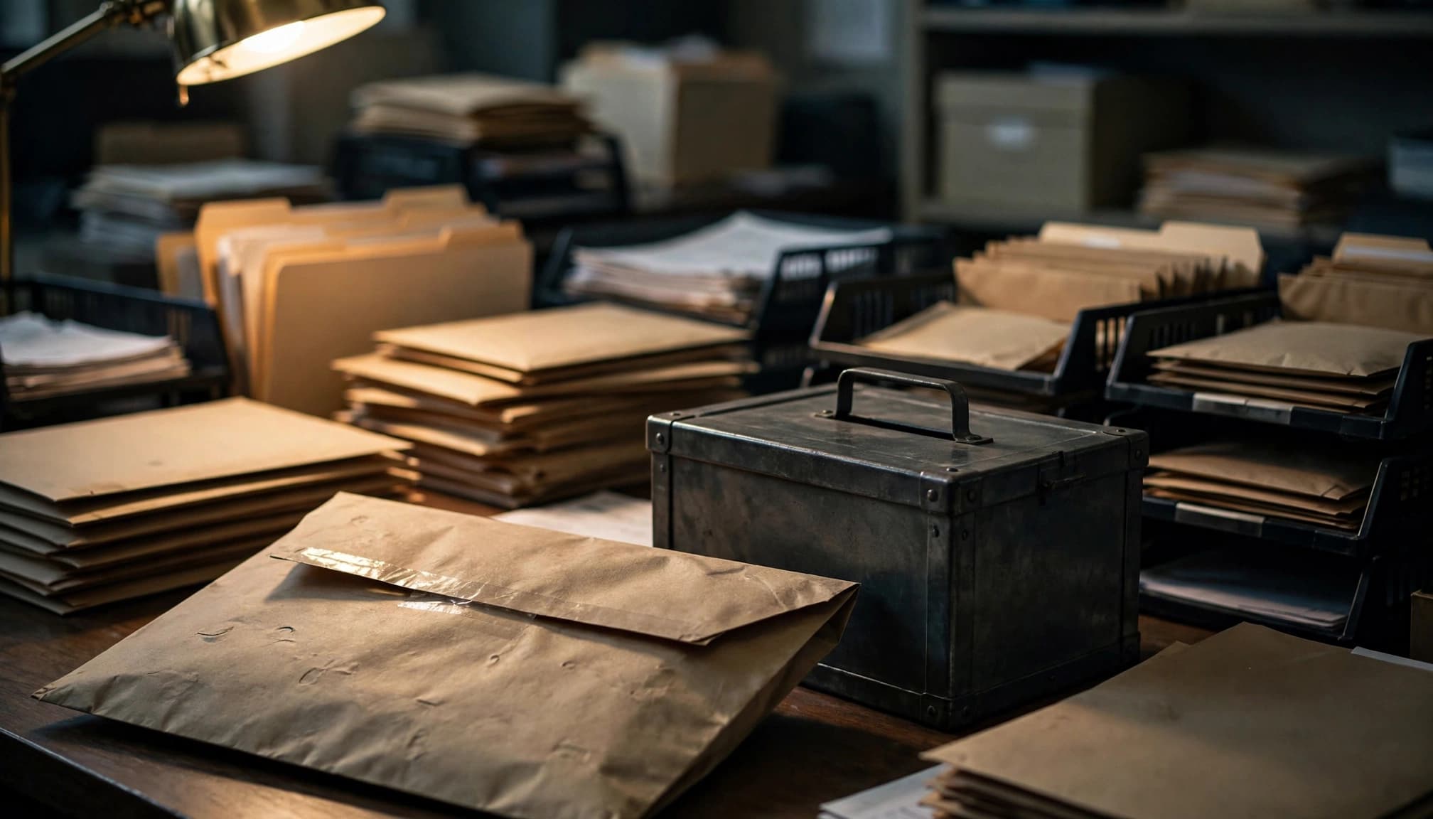 A sealed envelope sits beside a ballot box in a softly lit election office.