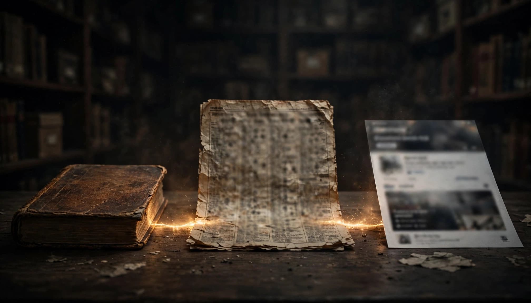 An old book, newspaper page, and social media screenshot form an evidence trail.