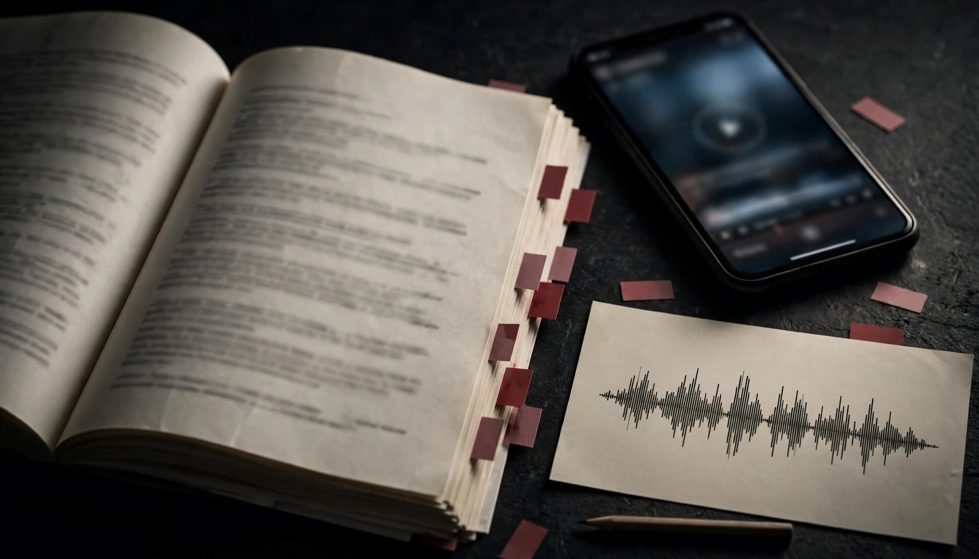 Open transcript beside a smartphone, audio waveform sheet, recorder, and pencil on a dark table.
