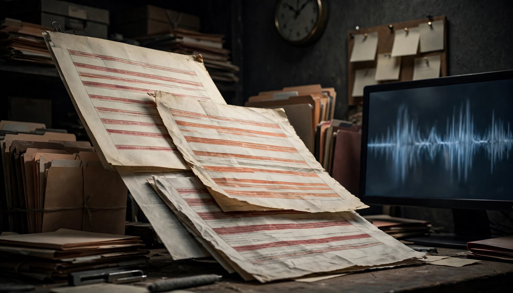 Layered transcript pages sit beside a blurred waveform monitor in an archival workspace.