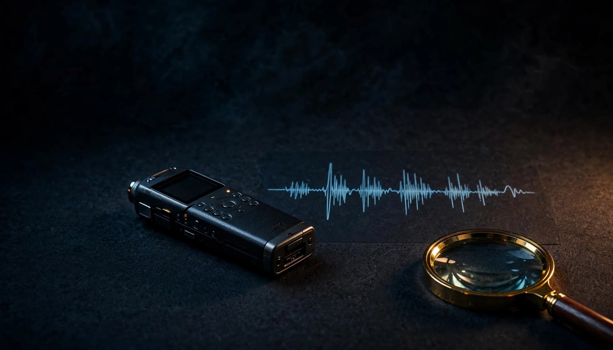 A voice recorder and audio waveform beside a magnifying glass on a dark desk.