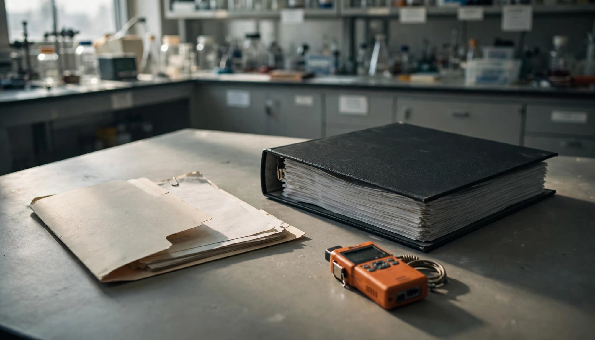 A folder, a thick black binder, and an orange recorder on a laboratory table.