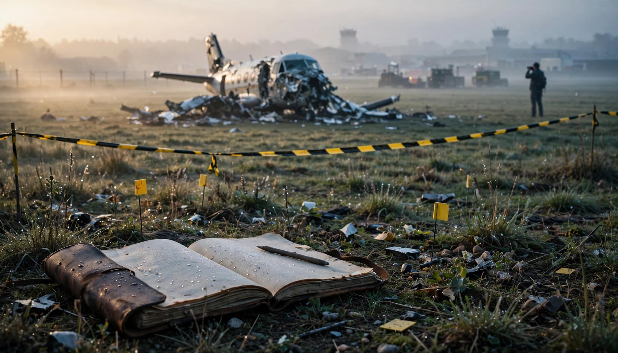 An open field notebook with water droplets rests on the ground near an airplane crash site.