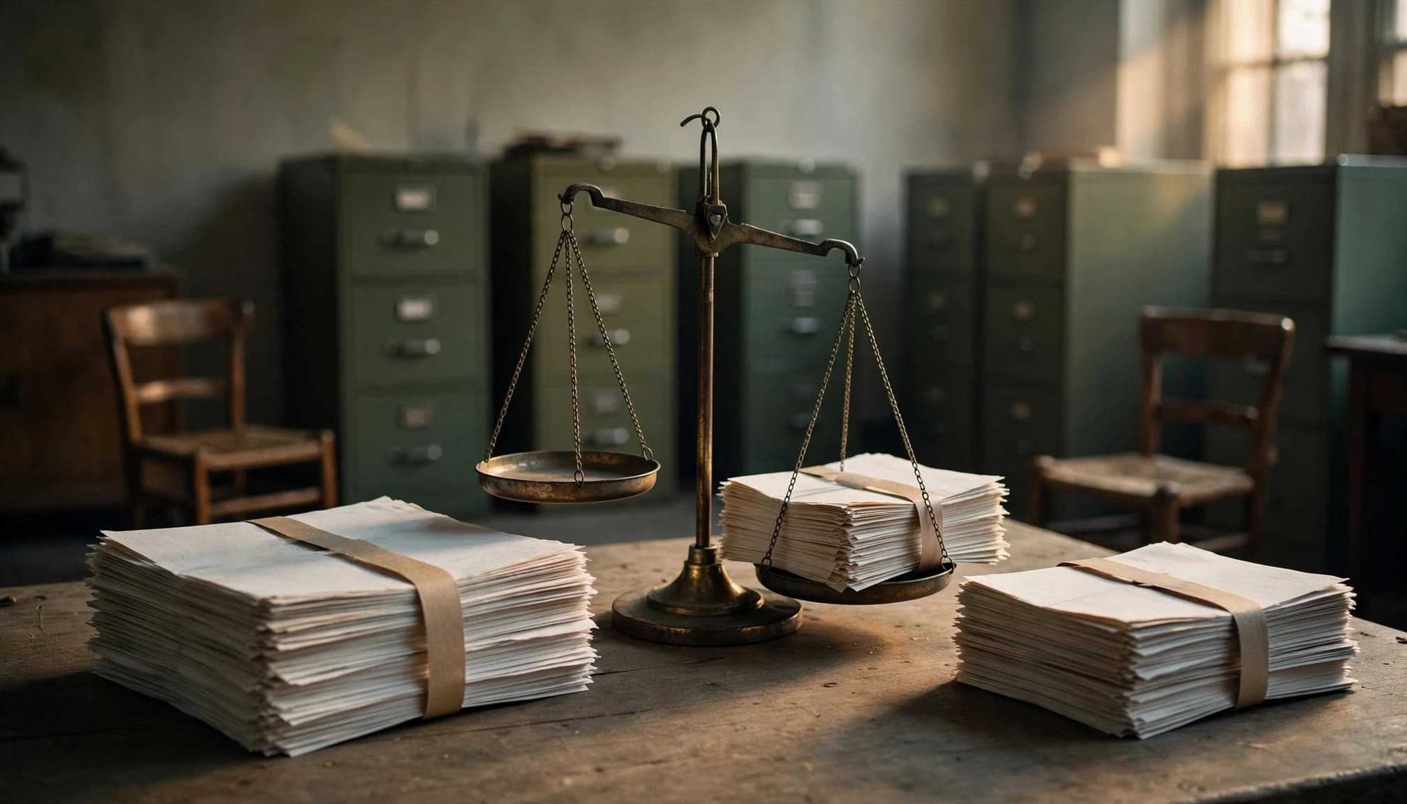 Paper ballot stacks flank a balance scale in a quiet records room.
