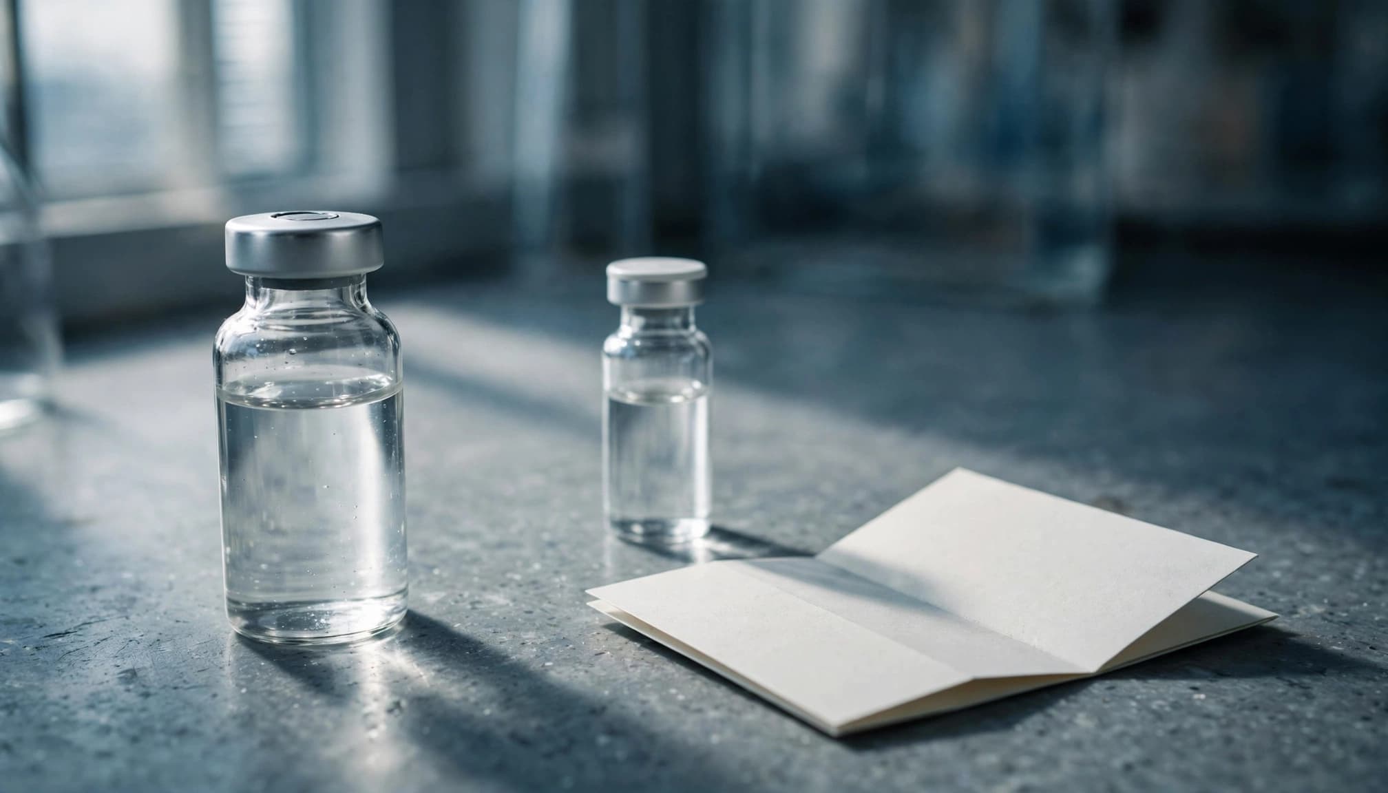 Two clear glass medicine vials and a folded paper insert on a grey surface.