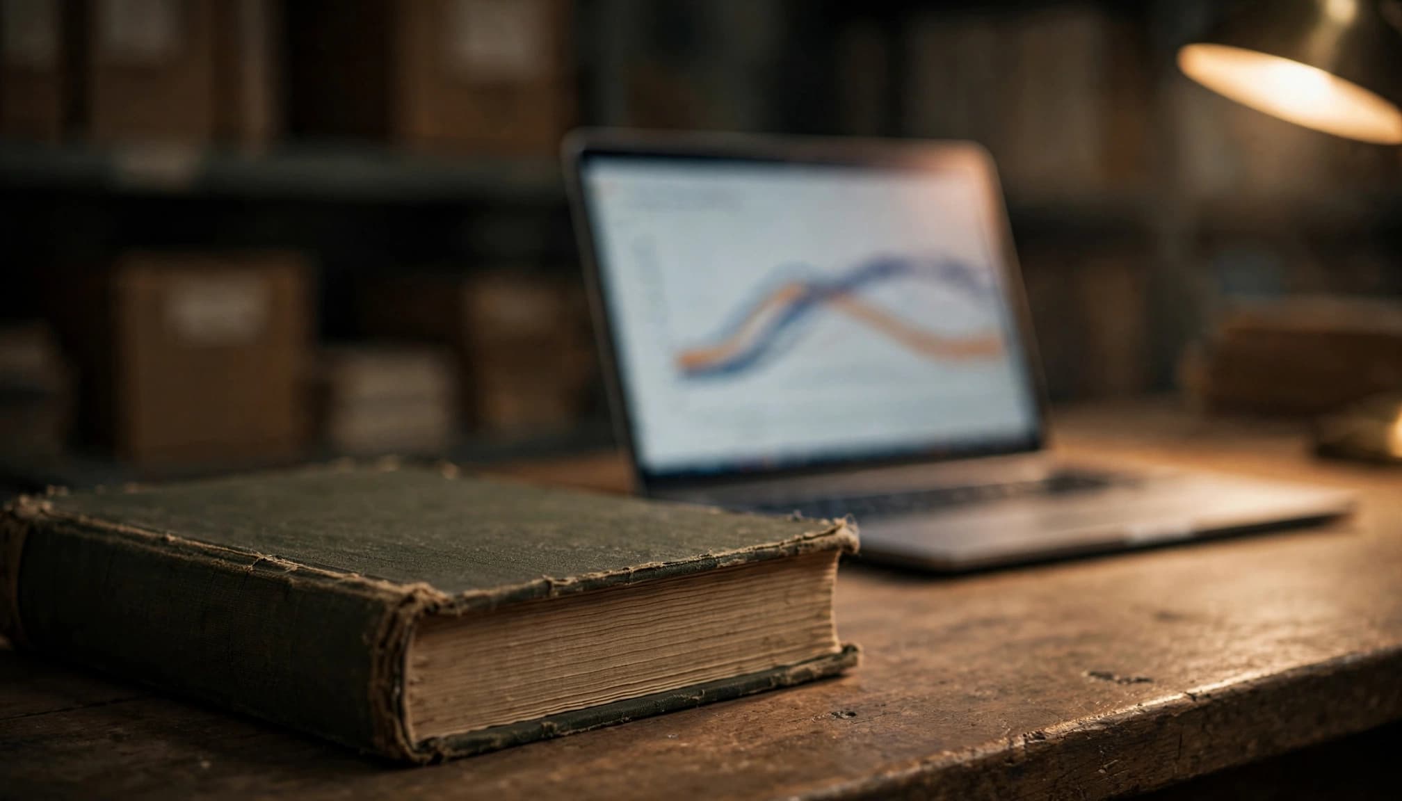 A thick vintage book in the foreground and a laptop displaying an indistinct chart on a wooden desk.