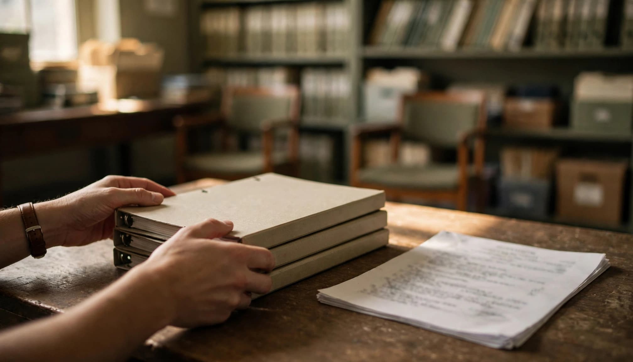 Hands sorting a stack of binders on a wooden table beside papers in a record room.