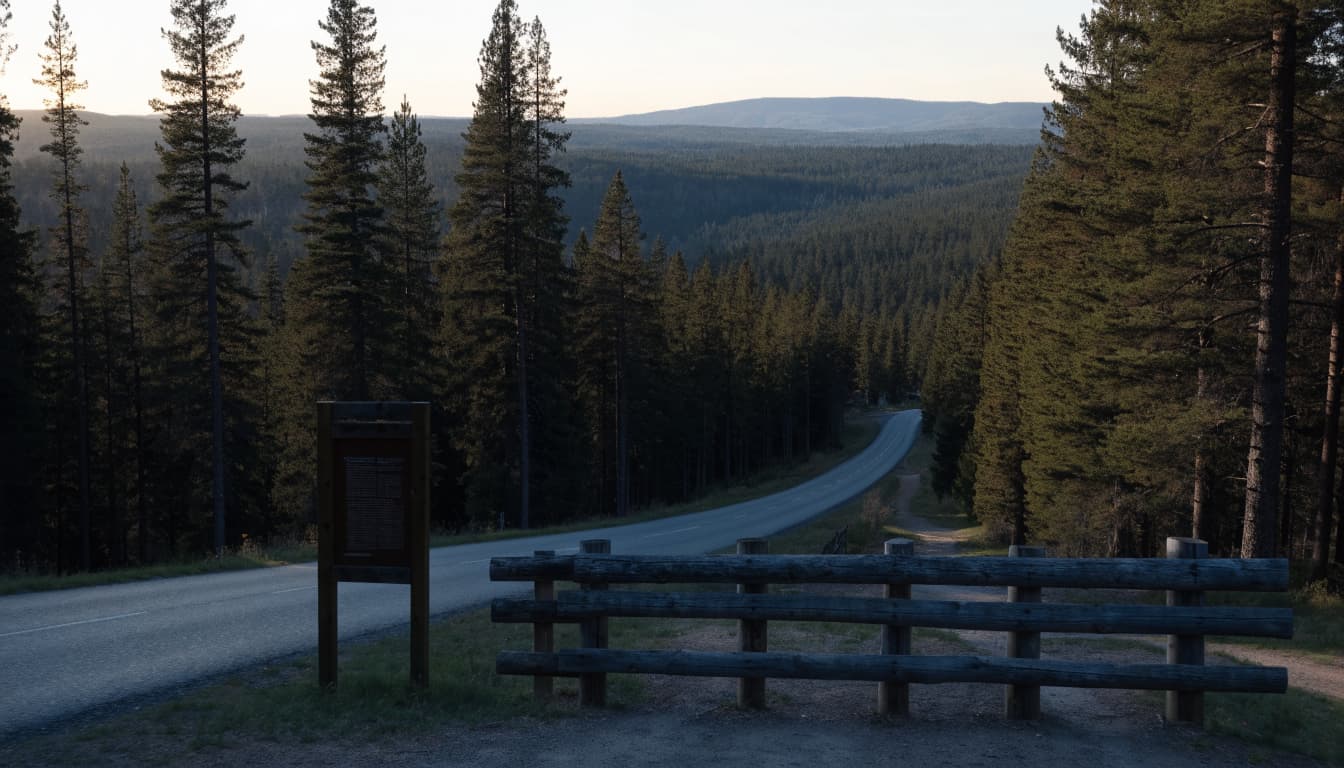 A closed mountain park road with a wooden barrier and a notice board at dawn.