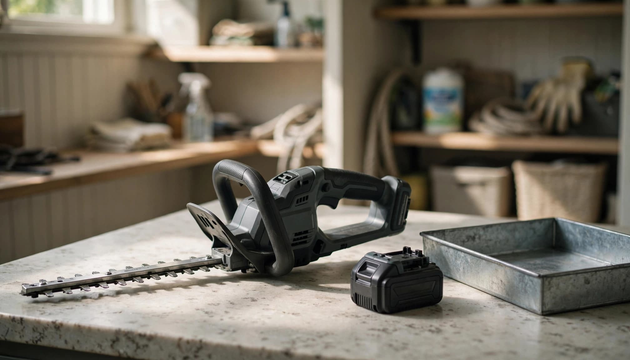 A cordless hedge trimmer with its battery removed sits on a counter next to a metal tray.