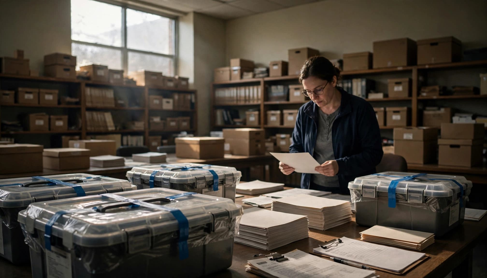 An election official checks paper records beside sealed ballot containers.