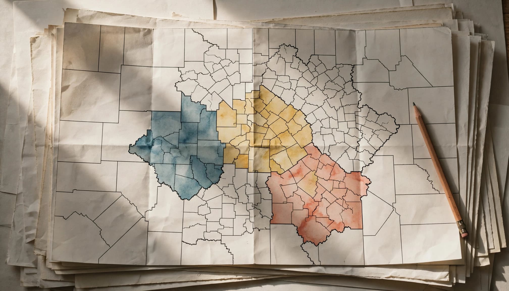 A top-down view of a folded map with colored counties and a pencil resting on a stack of paper.