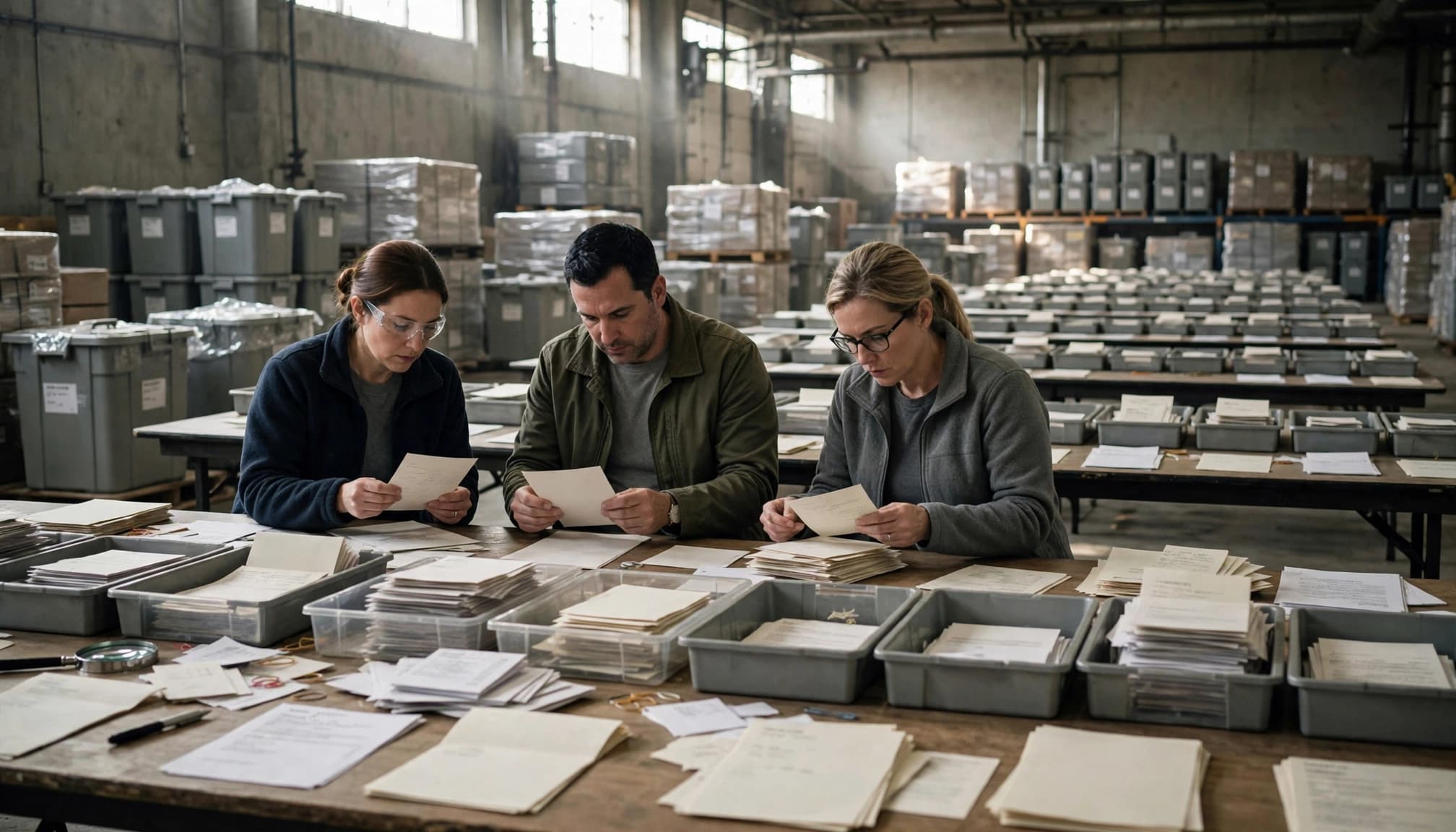 Three officials check paper ballots at a table, with sealed containers behind them.