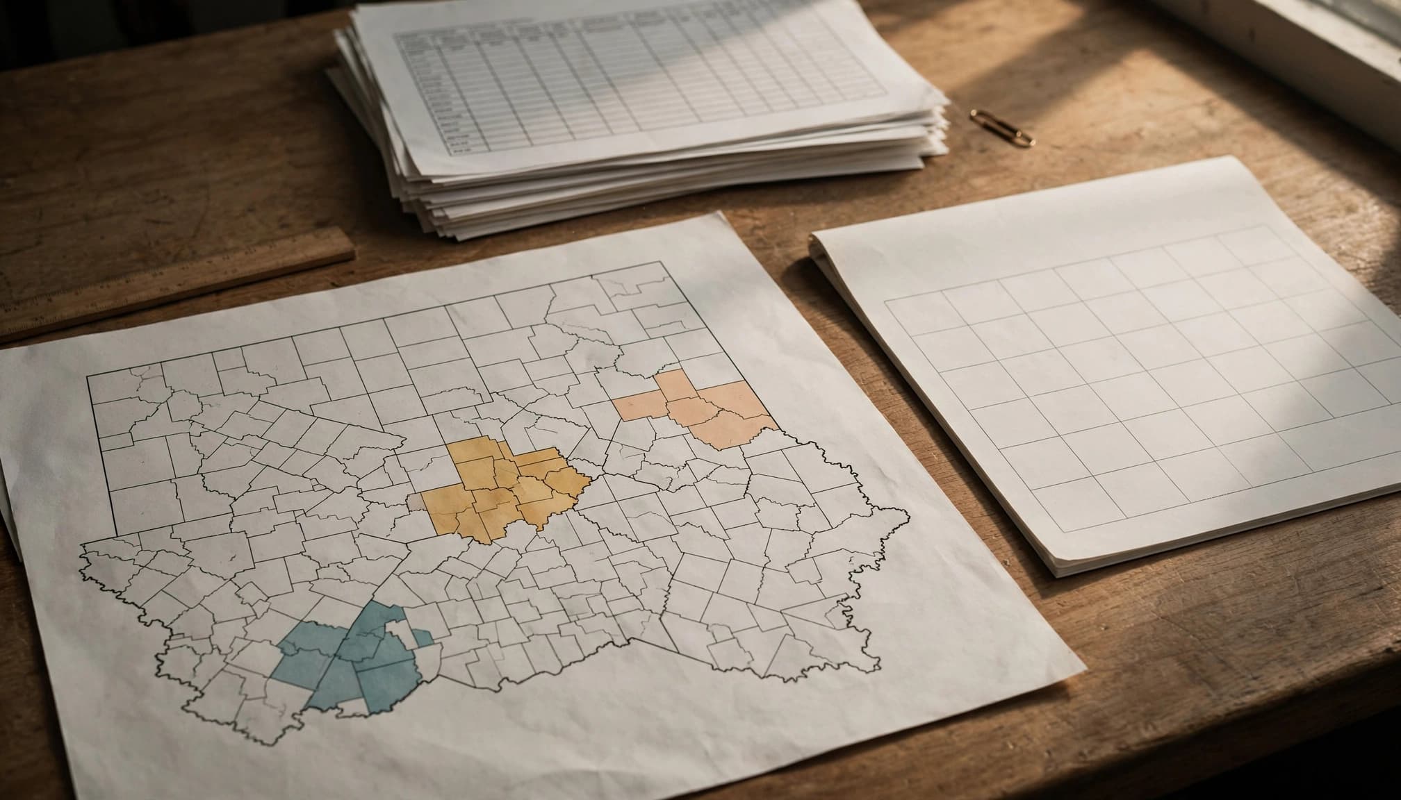 A map with highlighted counties, a calendar pad, and a stack of data tables on a wooden table.