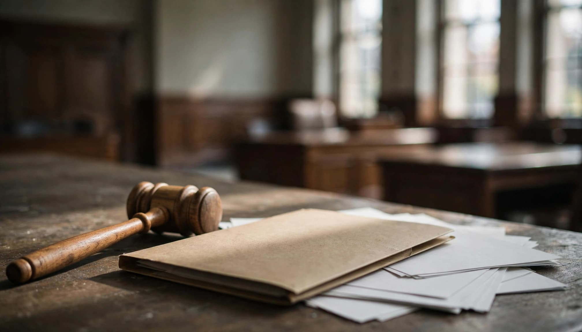 A wooden gavel rests beside a closed file and papers in an empty courtroom.