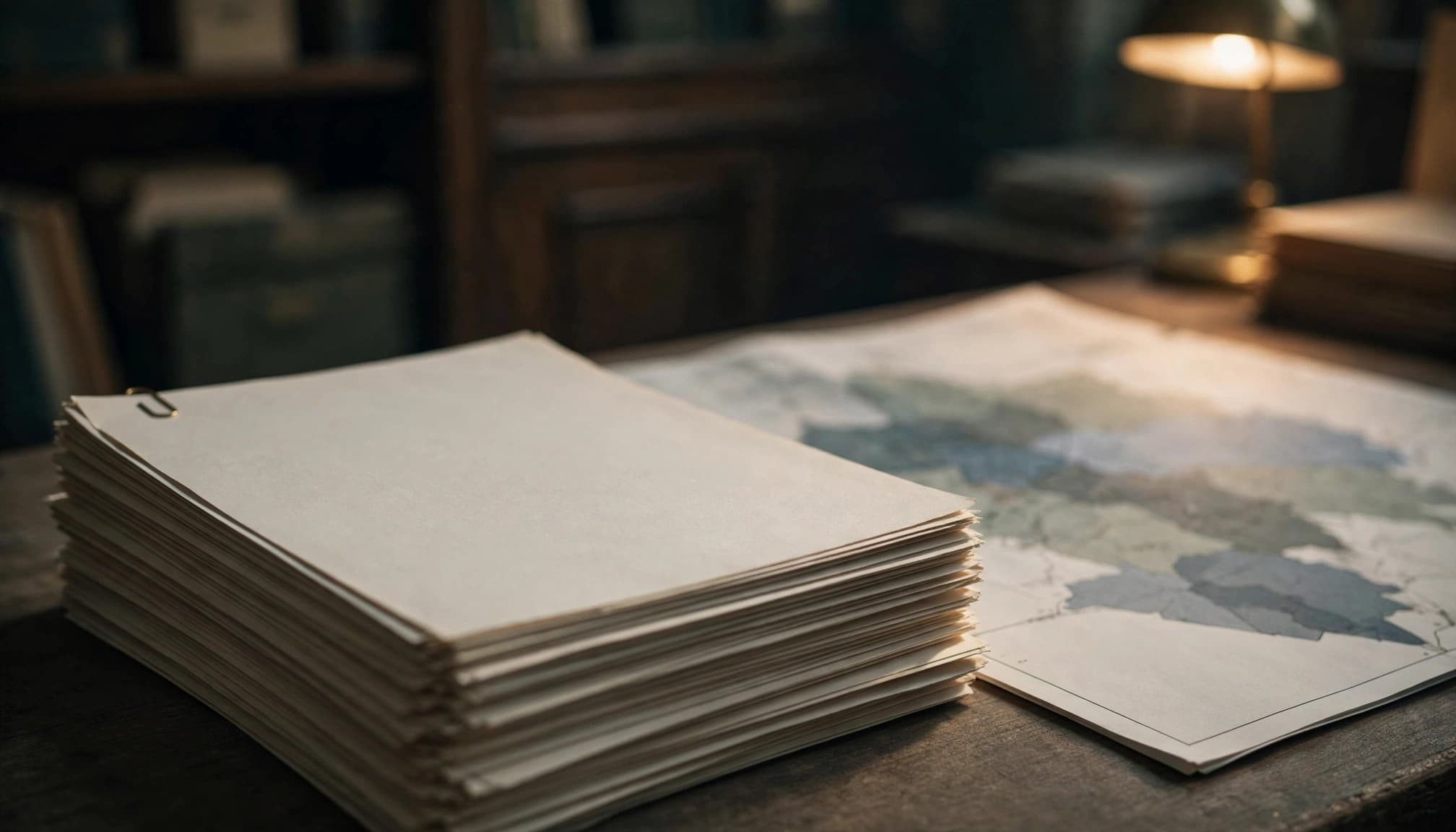 A stack of blank paper records and a map on a wooden desk with a lamp.