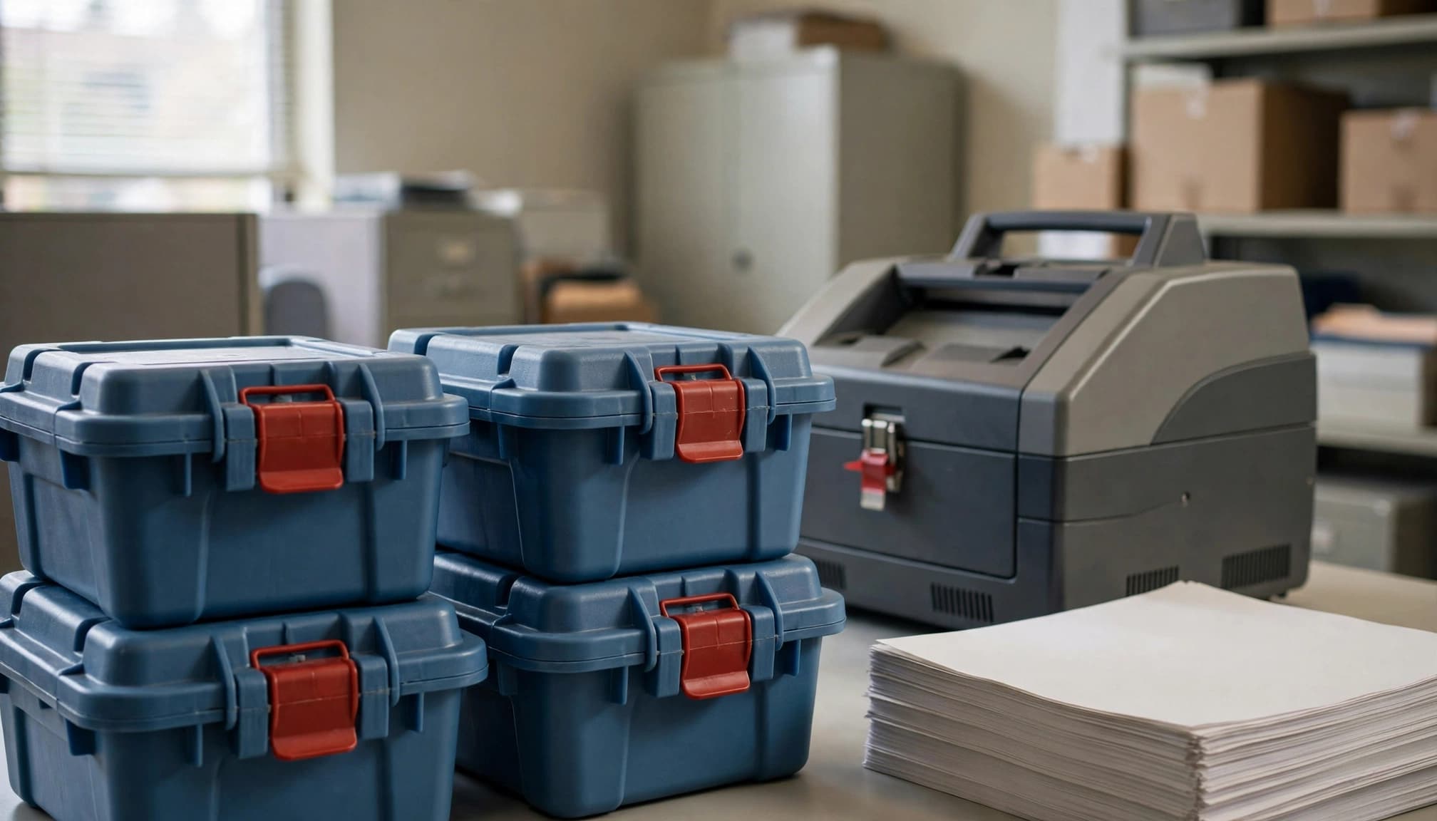 Sealed ballot containers and tally sheets sit beside a tabulation machine.