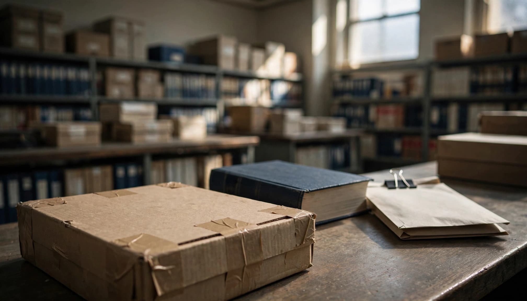 A sealed records box beside a law book and blank ballot packet in a county archive room.