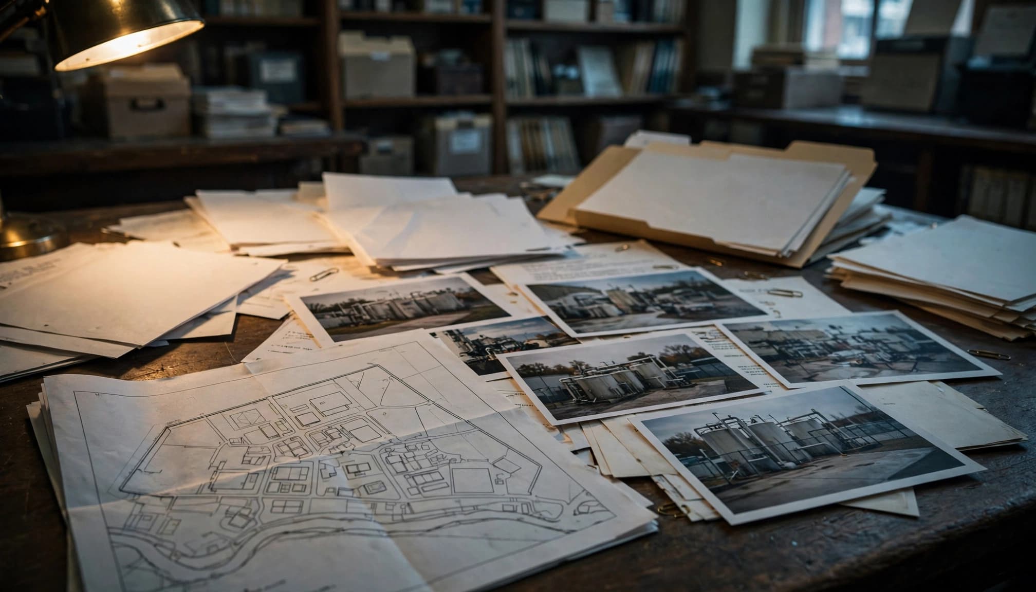 A wooden table in a records room covered in stacked papers, a map, photographs of industrial facilities, and folders.