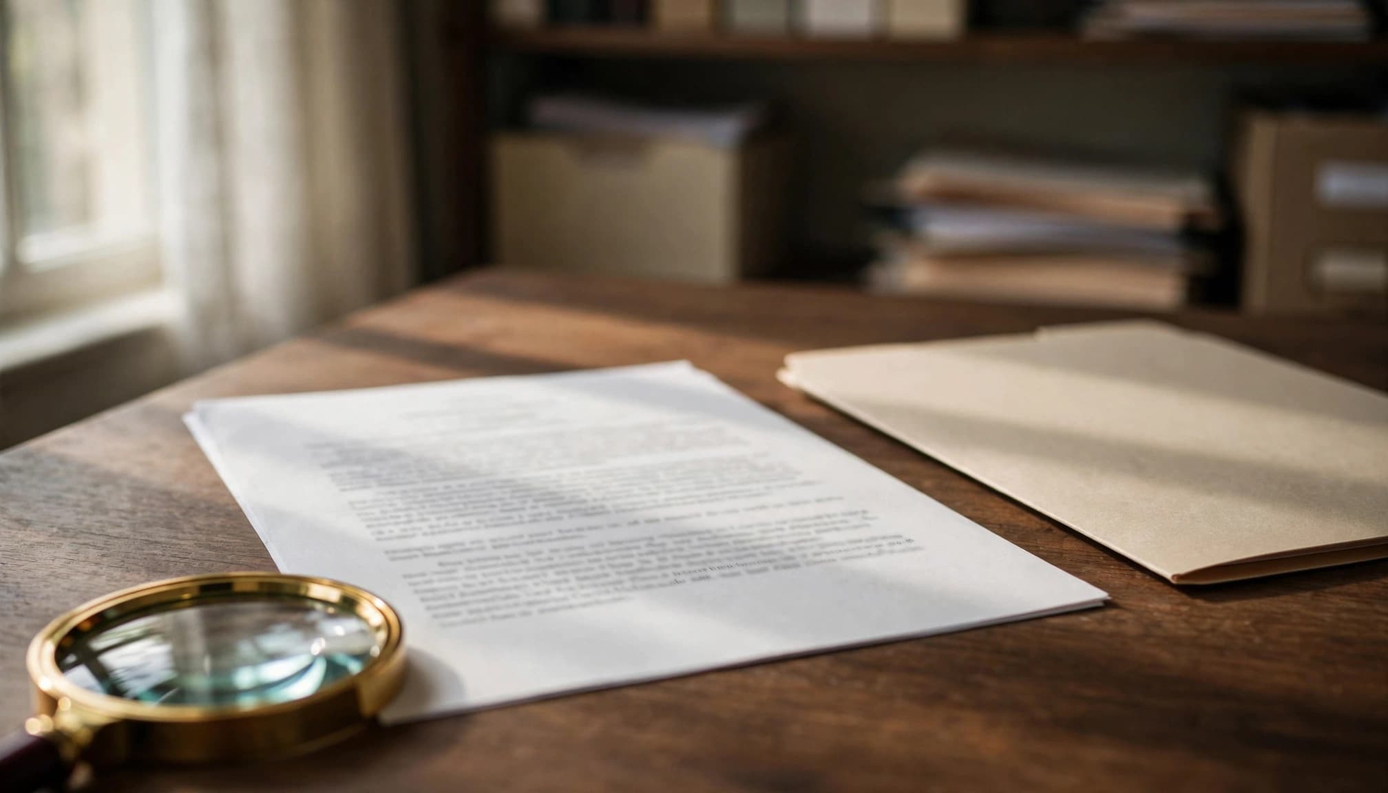 An official-looking document, magnifying glass, and plain folder on a records desk.
