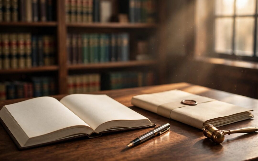An open law book, sealed document, pen, and small gavel on a wooden desk.