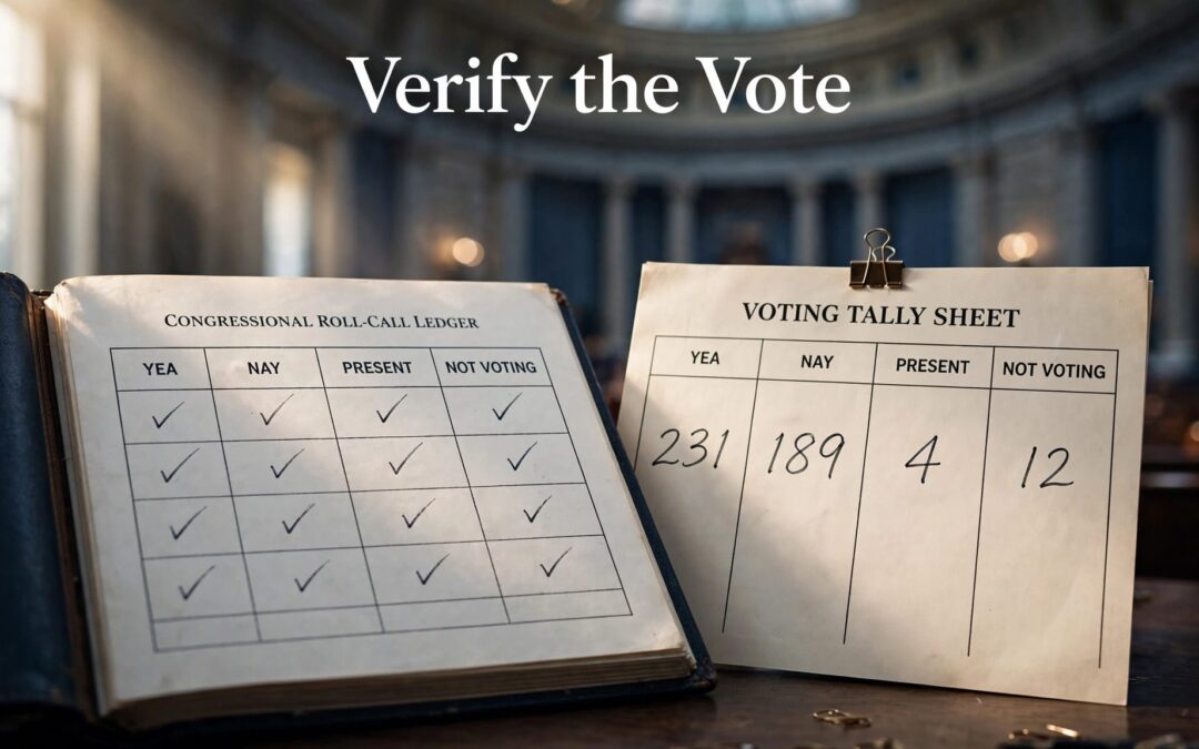 A congressional vote ledger and tally sheet sit before a blurred Capitol chamber.
