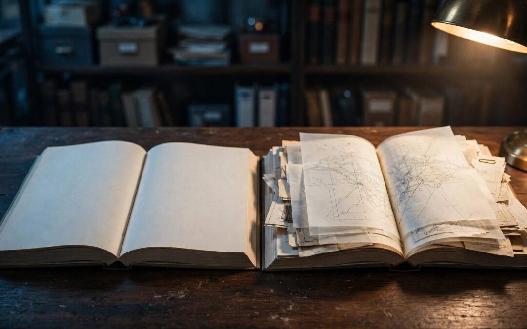 Two open record books sit beside layered maps under a brass desk lamp.