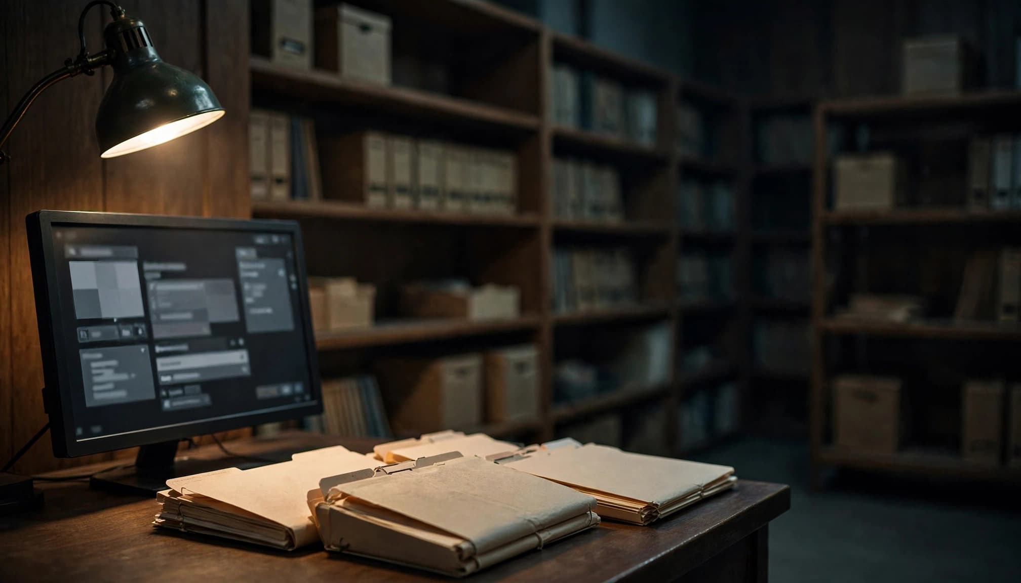 A desk with a computer monitor, folders, and a green lamp in a records room.