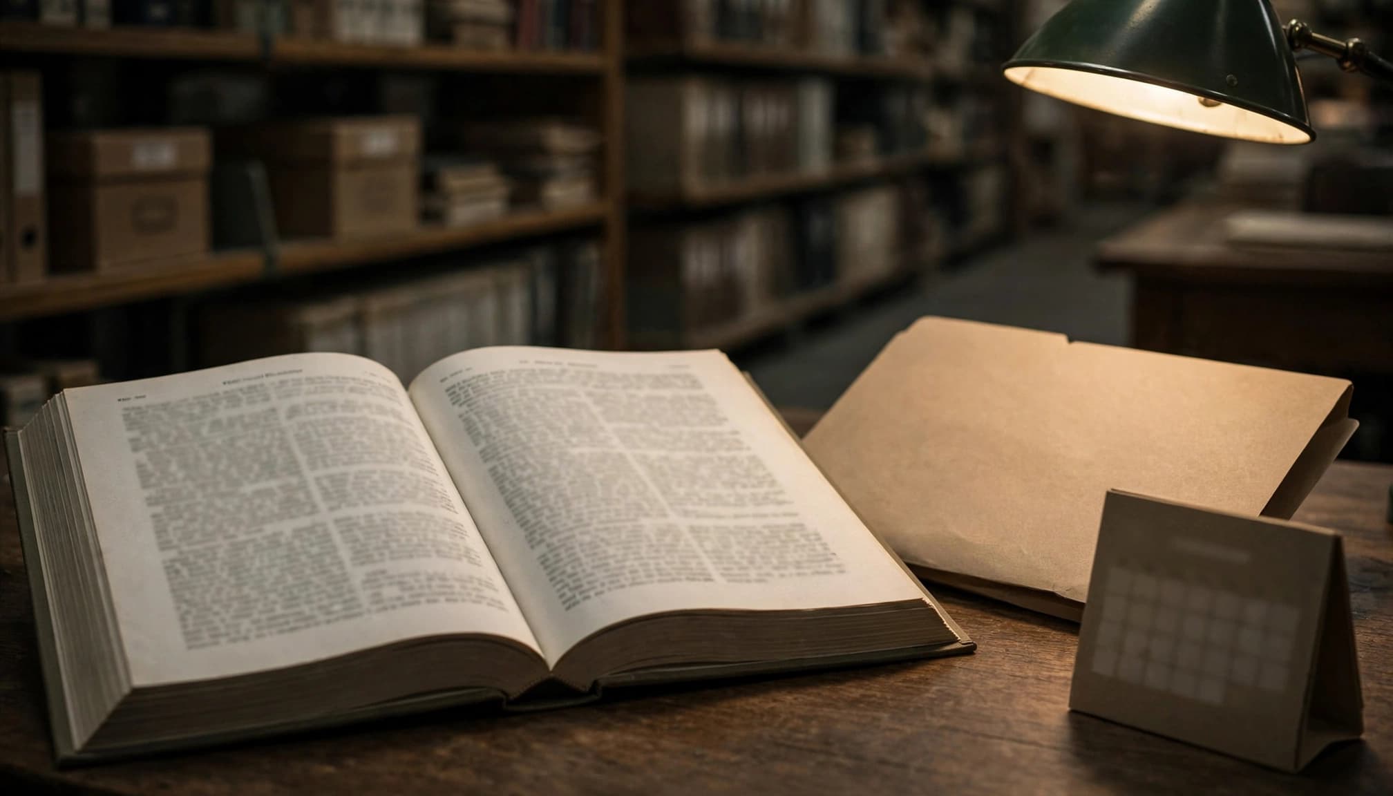 An open register, plain folder, and small calendar on a table in a quiet reading room.