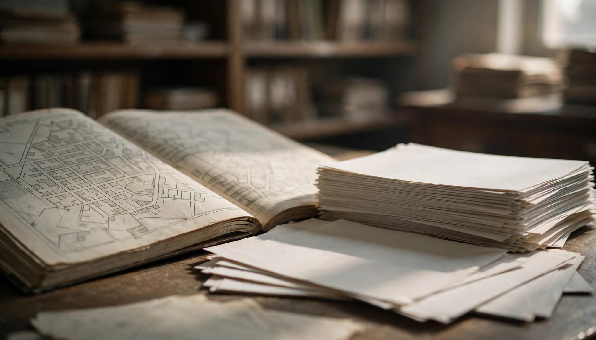 An open map book and stacks of blank paper on a wooden table in a records office.