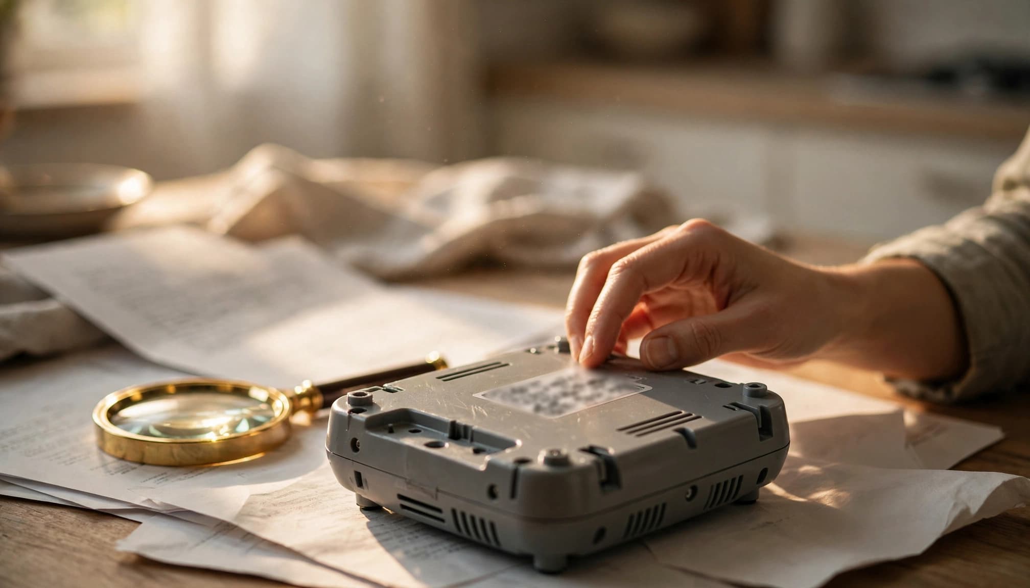 A hand inspects a gray electronic device with a blurred label next to a magnifying glass on a table.