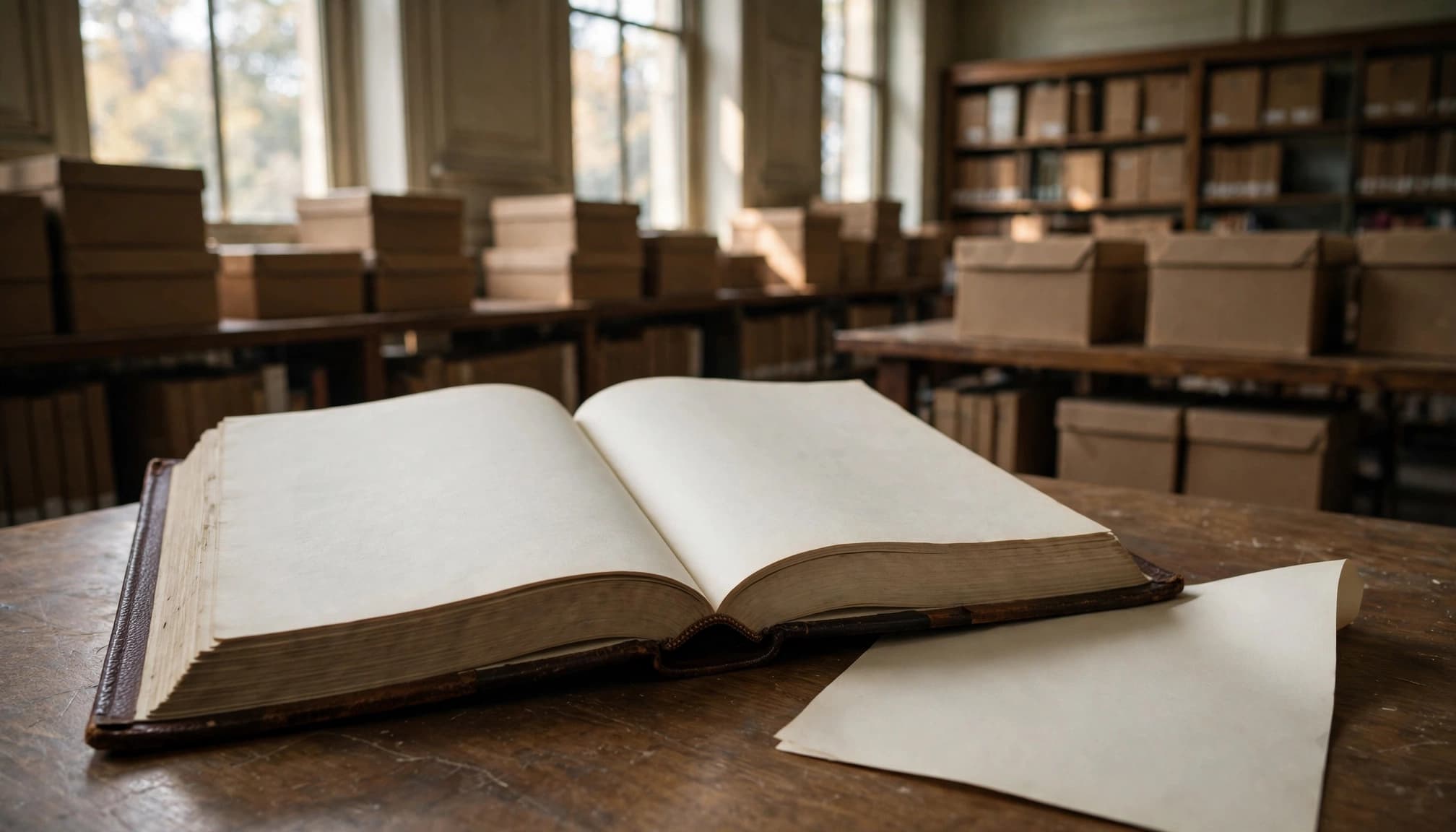 An open law volume and loose sheet rest on a table in a sunlit archive.