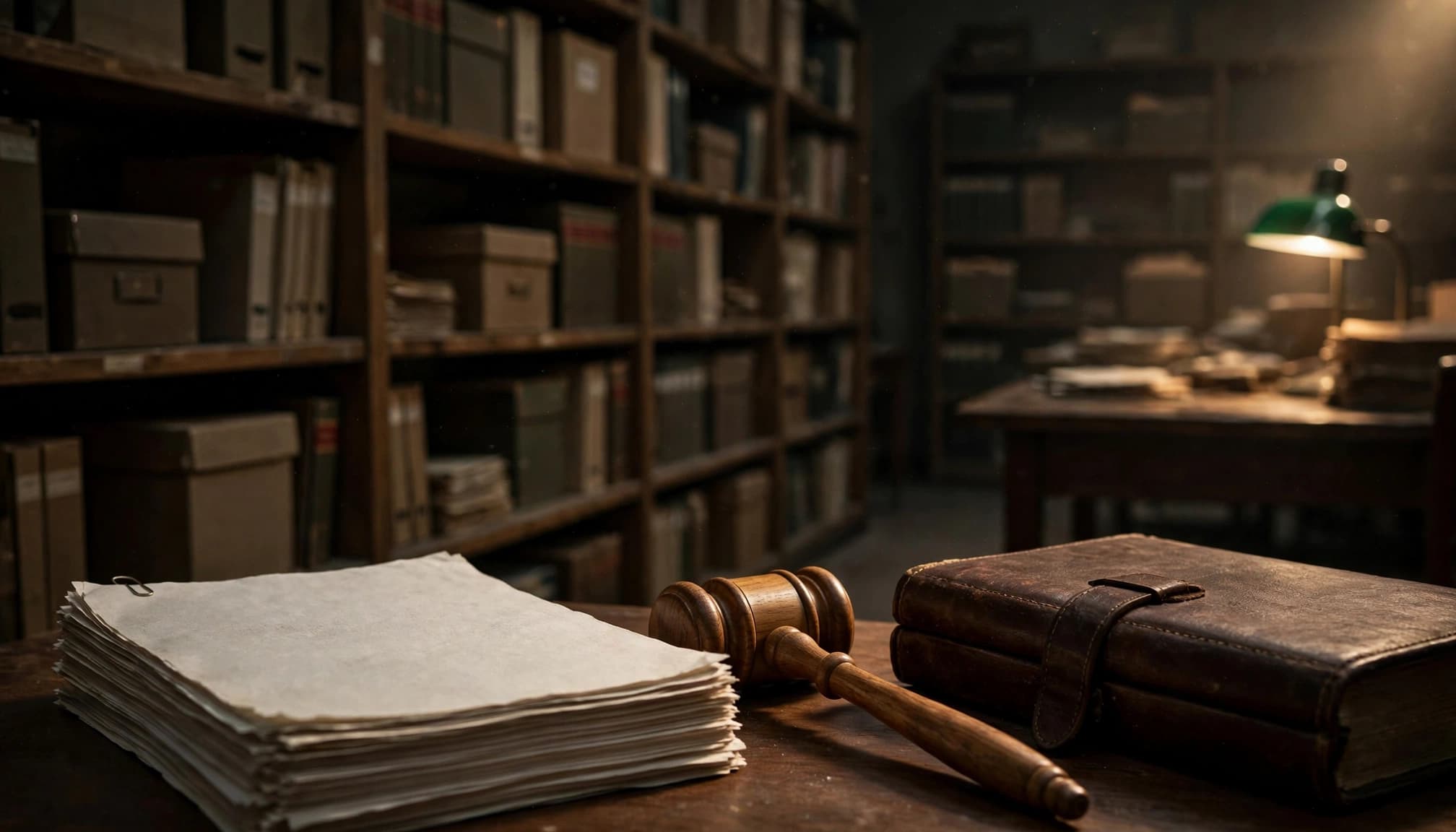 An unmarked bill, wooden gavel, and closed register sit in a government records room.