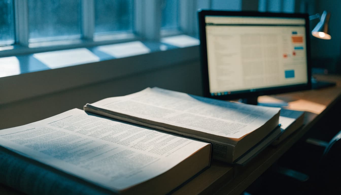 Open books in the foreground with a desktop monitor in the background on a desk.