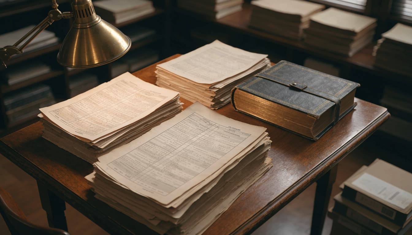 Stacks of papers and a bound journal on a wooden table with a brass reading lamp.