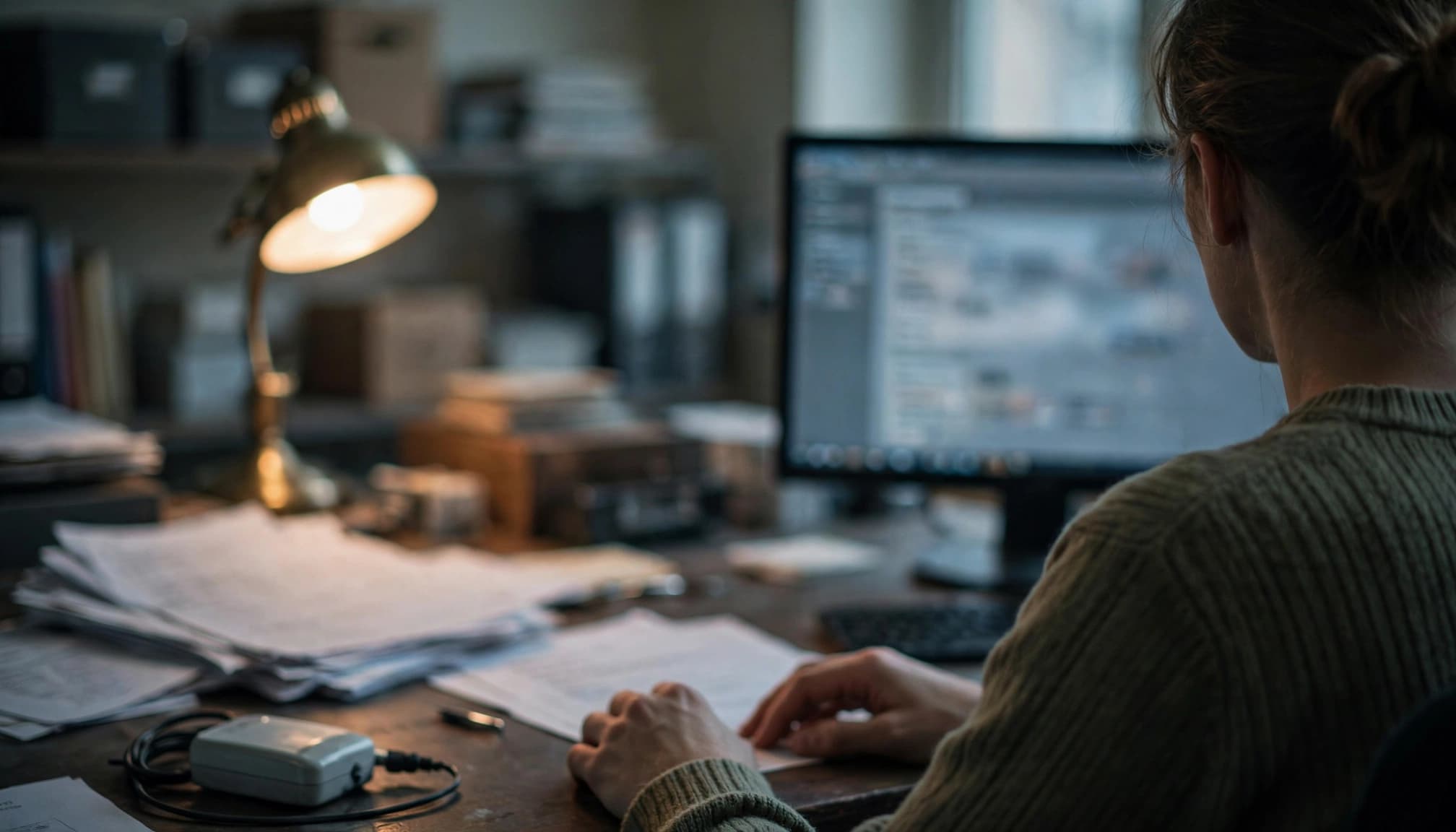 A person sitting at a desk with a computer monitor, papers, and a desk lamp.