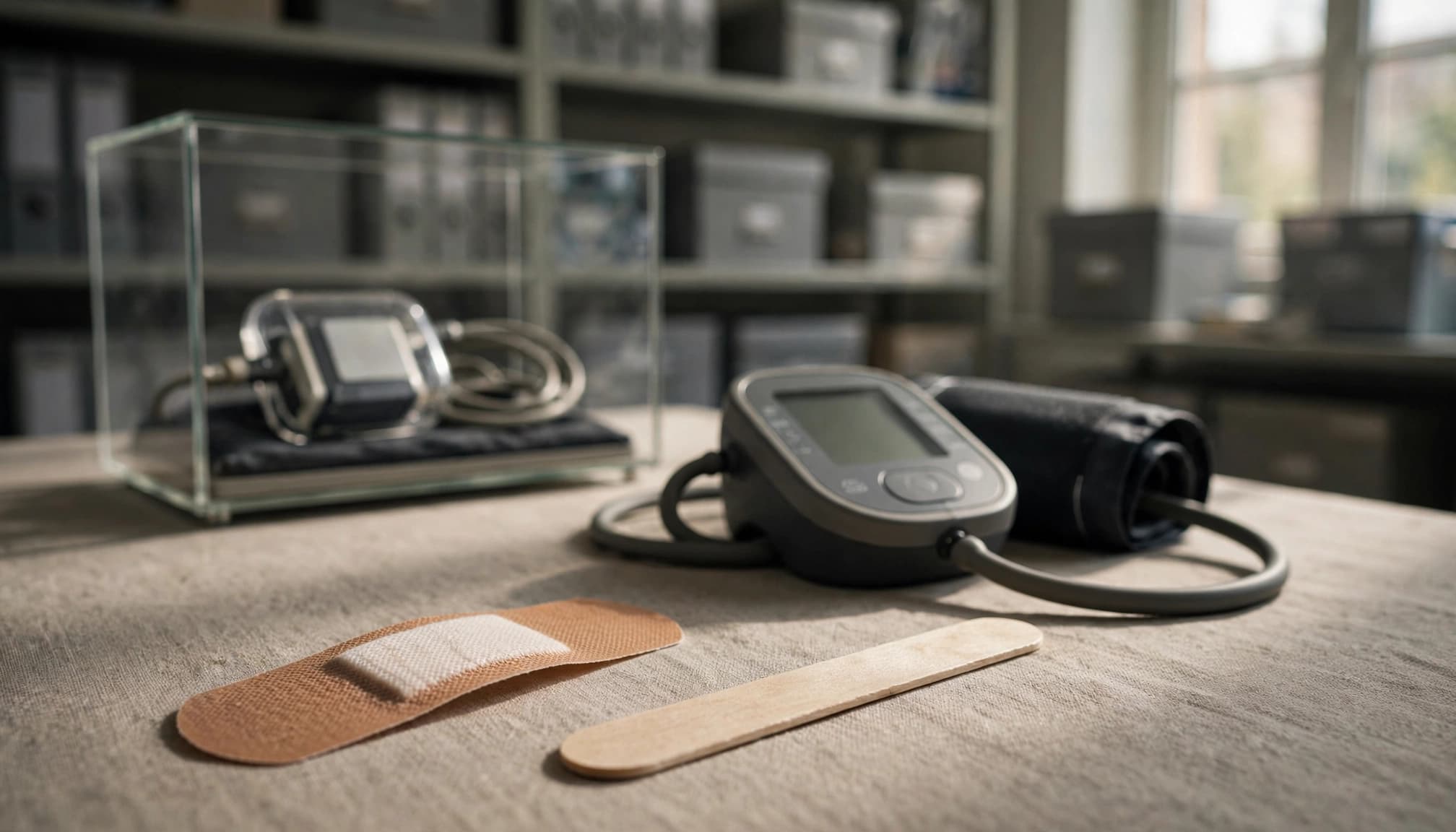 An adhesive bandage and tongue depressor, a blood pressure monitor, and a pacemaker in a glass case on a table.