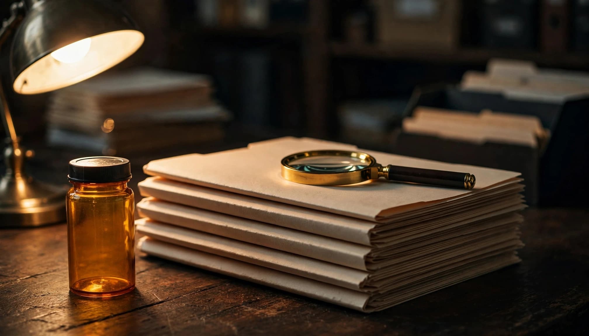 An amber prescription bottle and a magnifying glass on a stack of folders.