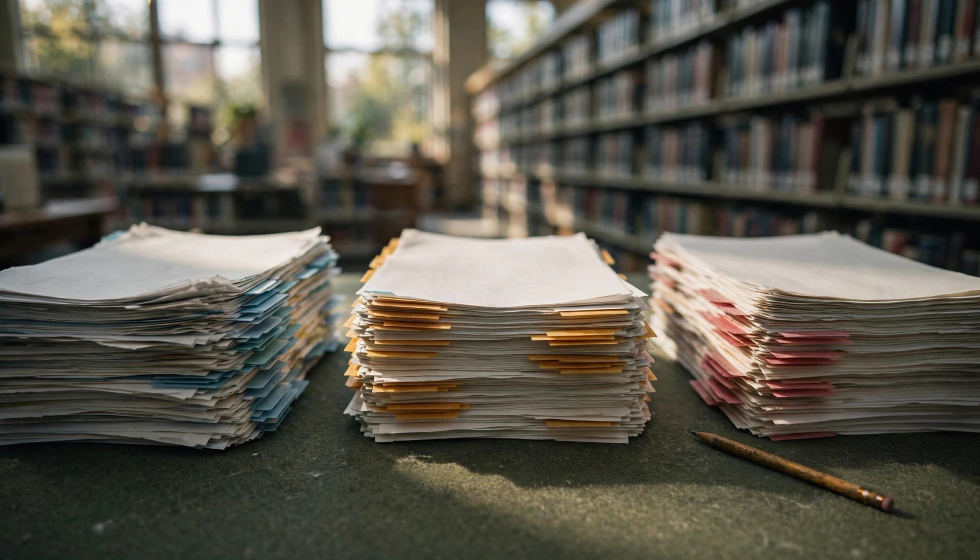 Three stacks of paper documents with colored index tabs sit on a library table next to a pencil.