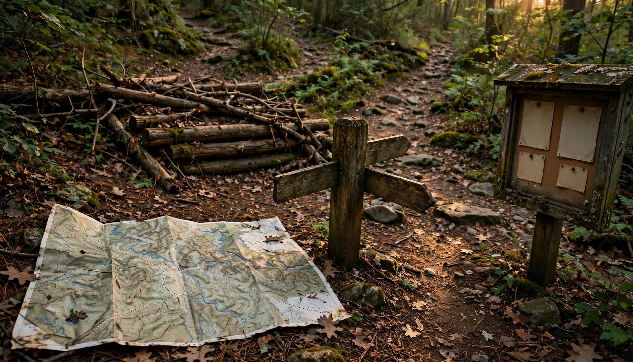 A trail map on the ground near a wooden trail marker and bulletin board in a forest.