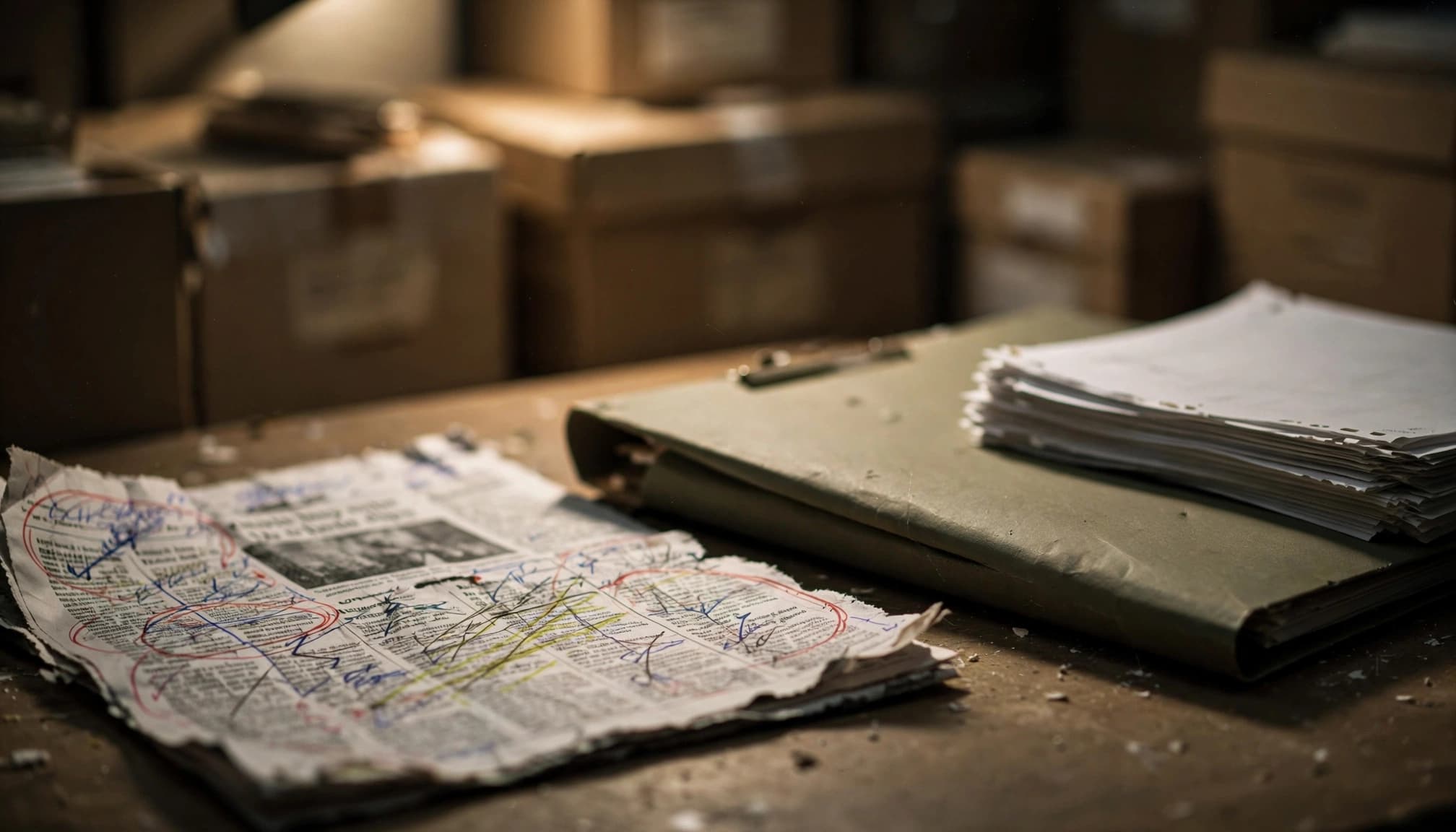 A marked-up newspaper clipping lies beside a folder and stacked request pages.
