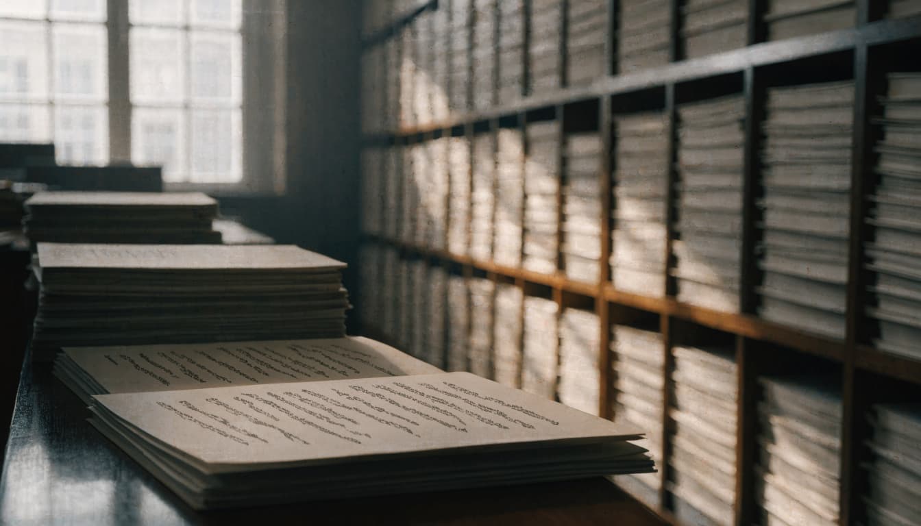 Stacks of paper folders and documents on a table in an archive room with tall shelves.