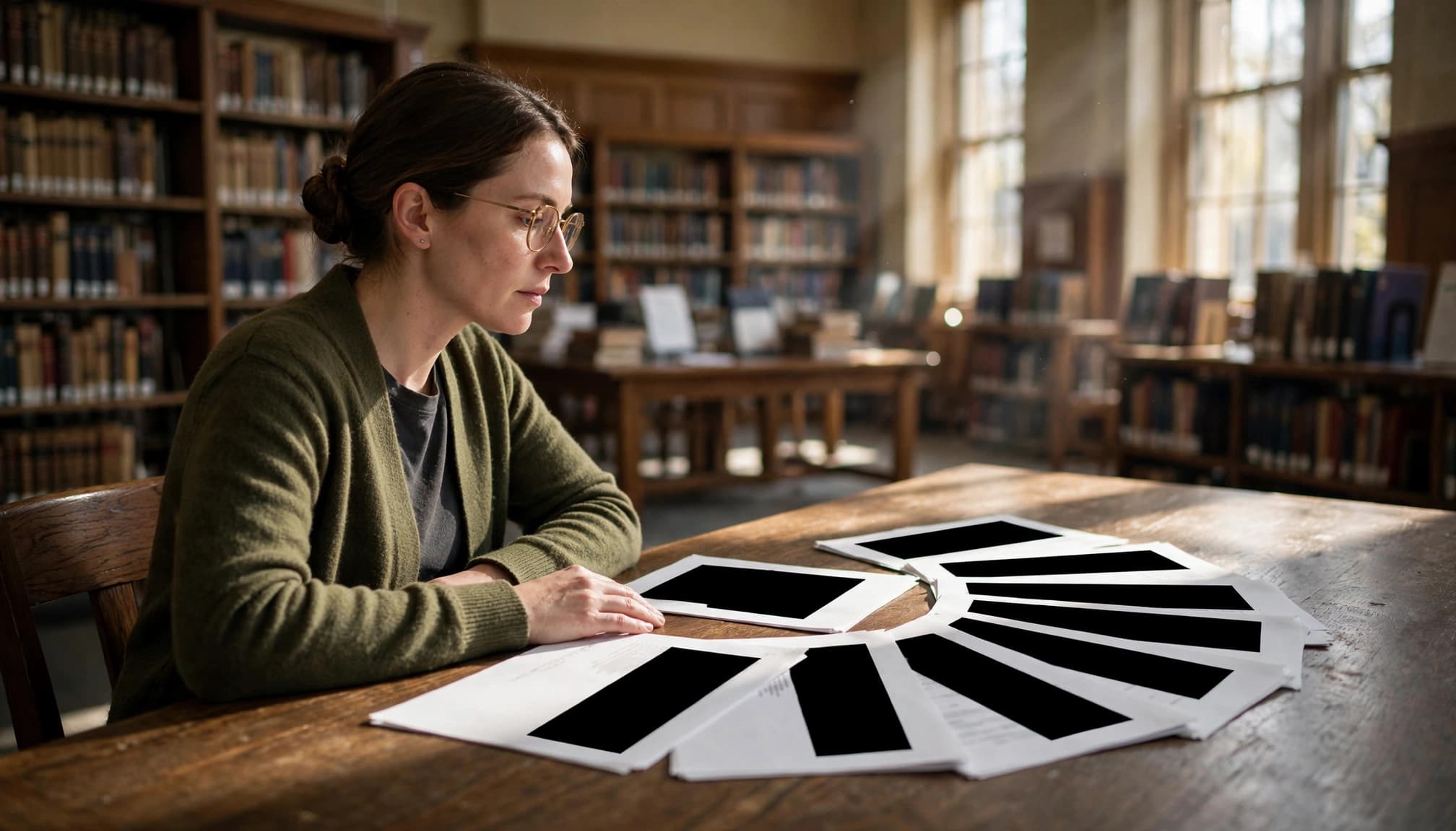 A researcher examines redacted pages at a sunlit library table.