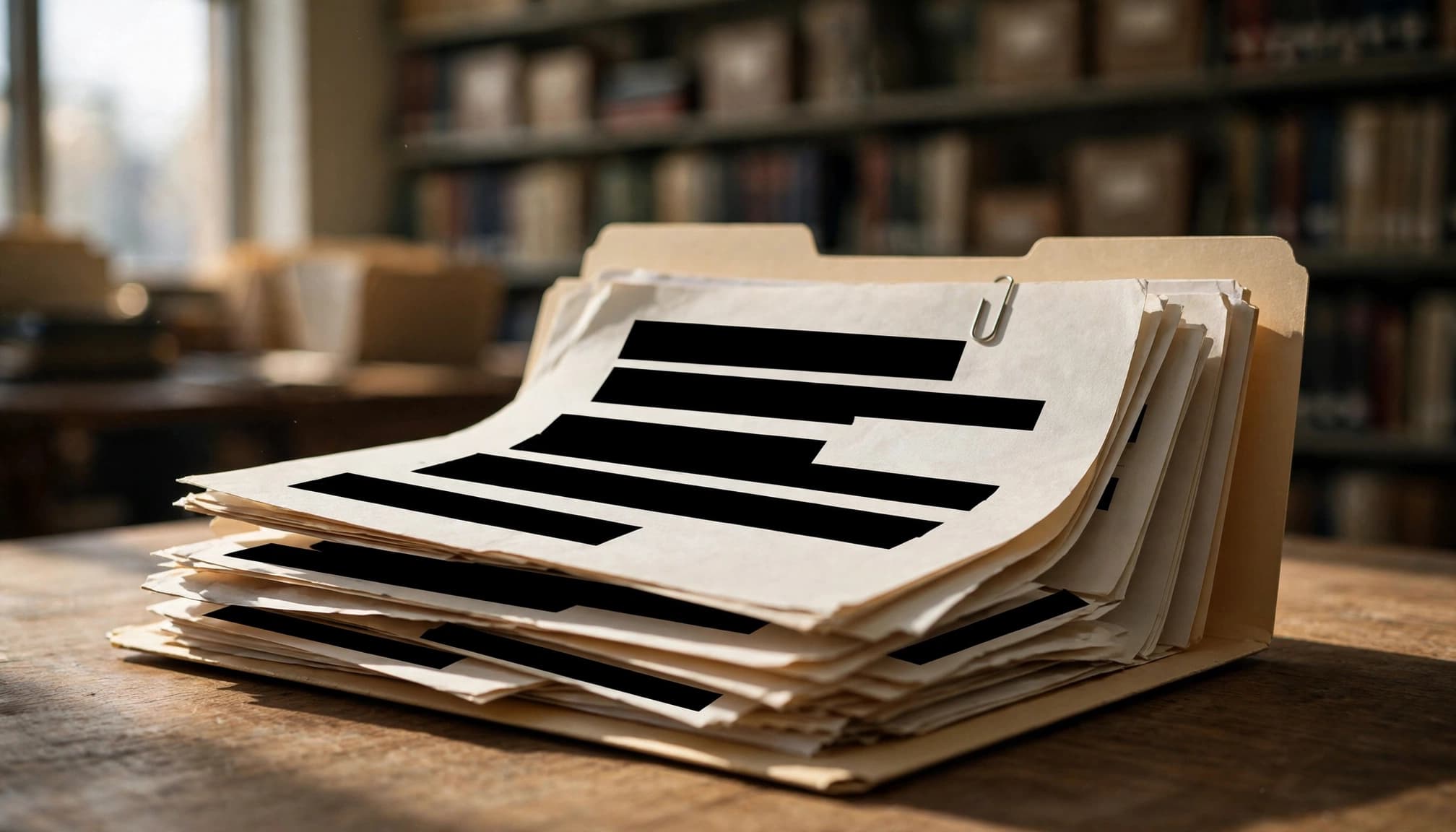 An open folder with black redaction bars and a paperclip on a wooden table.