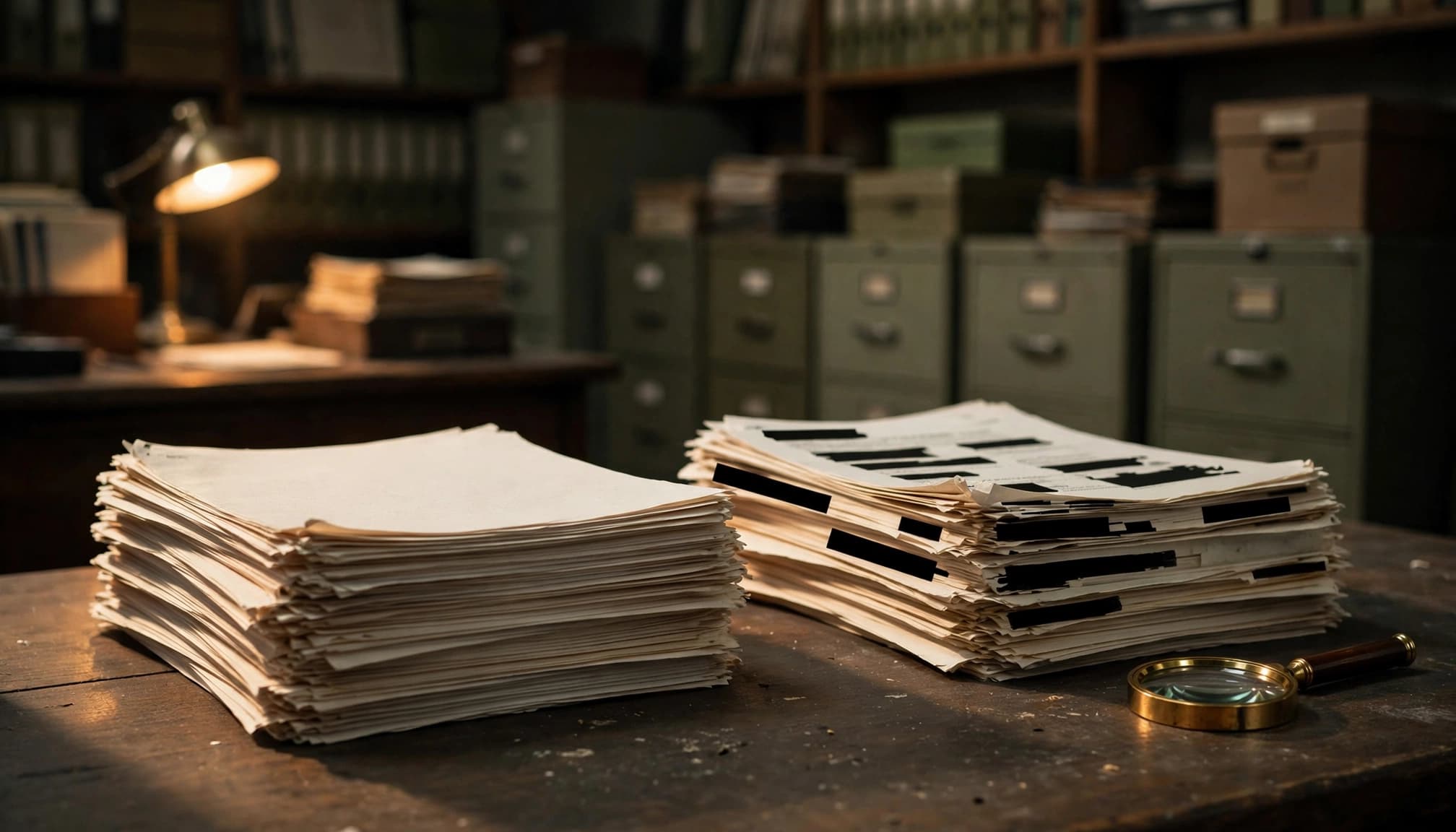 Two stacks of files, some pages redacted, sit beside a magnifying glass.