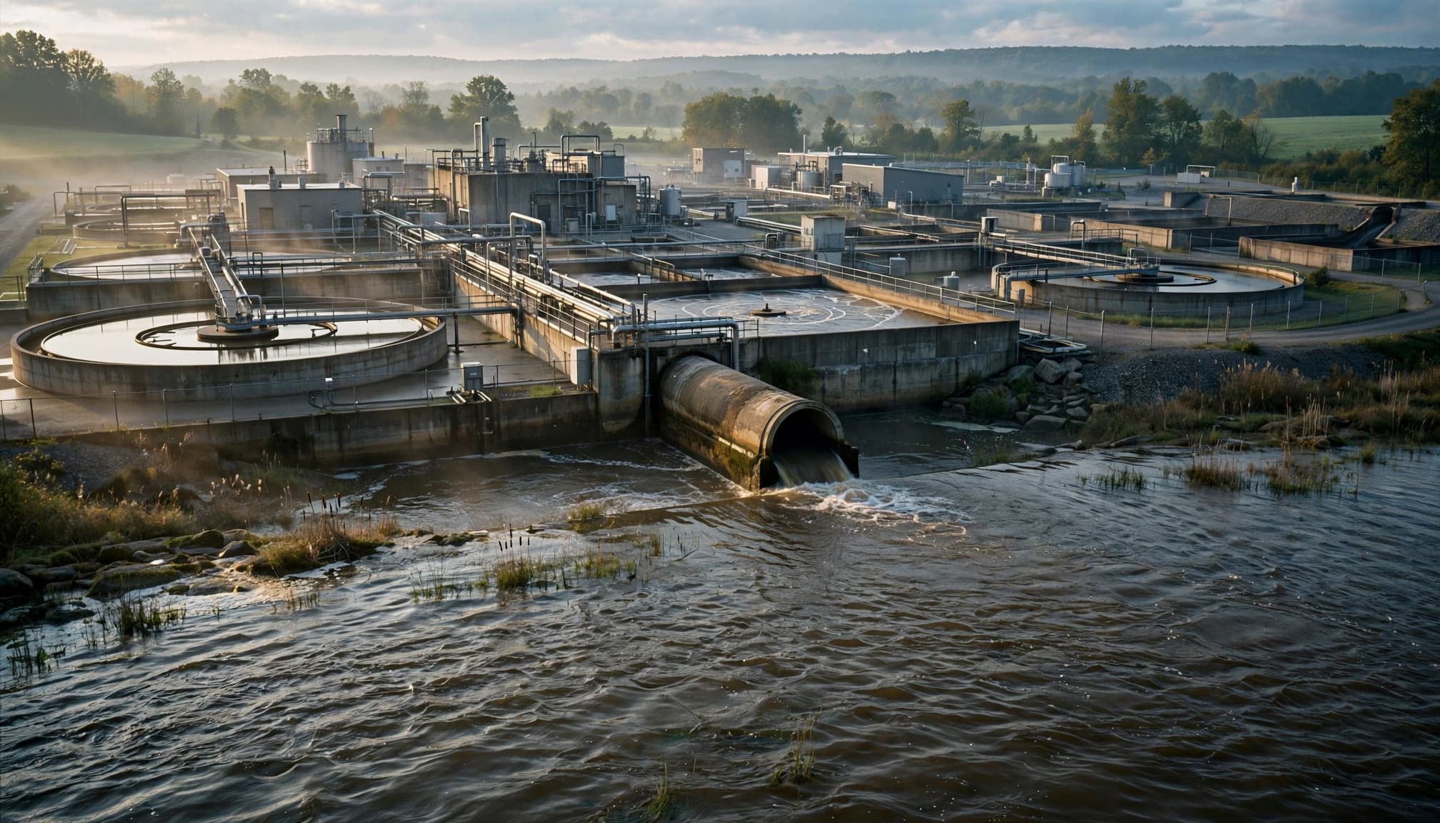 A wide aerial view of an industrial wastewater treatment facility beside a river at dawn.