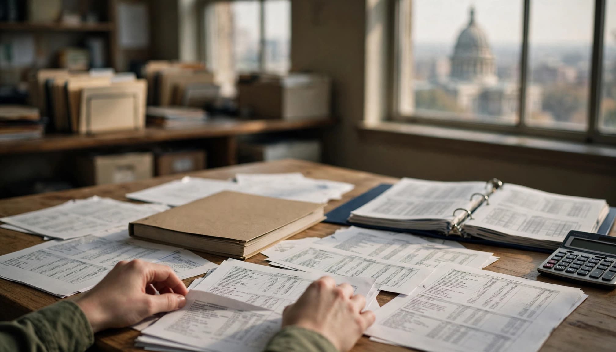 Hands sorting financial allocation tables on a wooden table with a budget booklet, binder, and calculator.