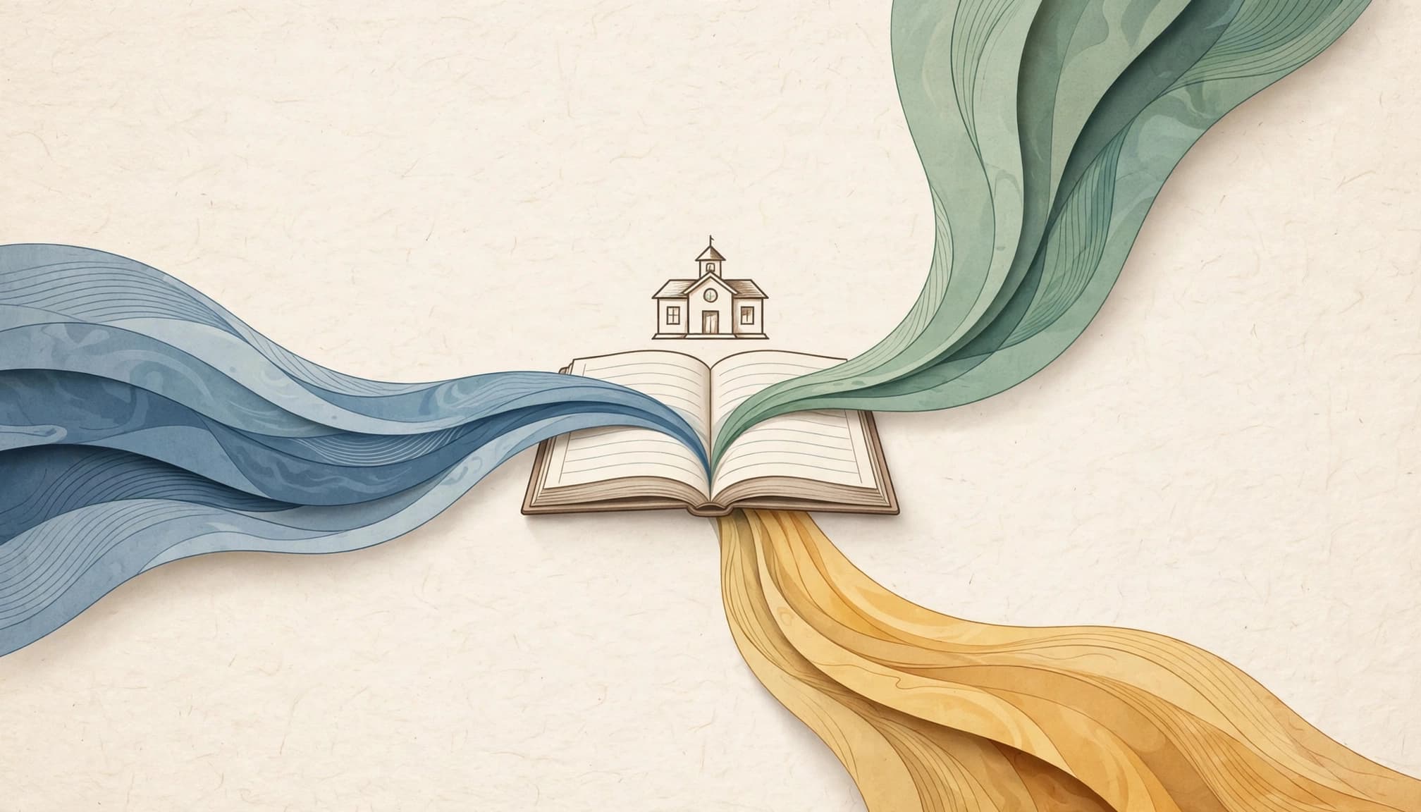 An open book with three colored paper streams flowing in, and a schoolhouse illustration above.