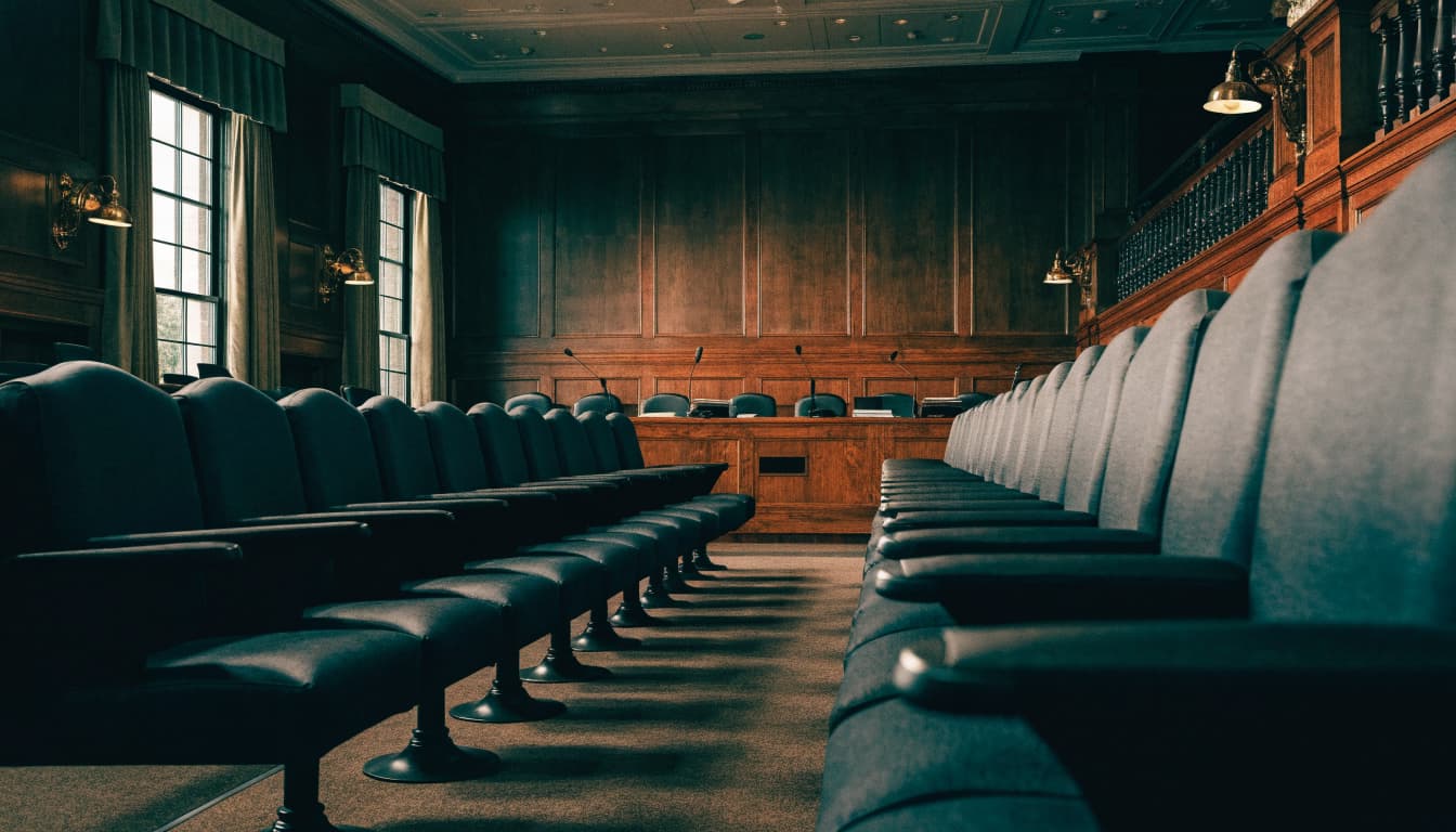 Wide view of an empty wood-paneled hearing room with rows of blue seats facing a long witness table.