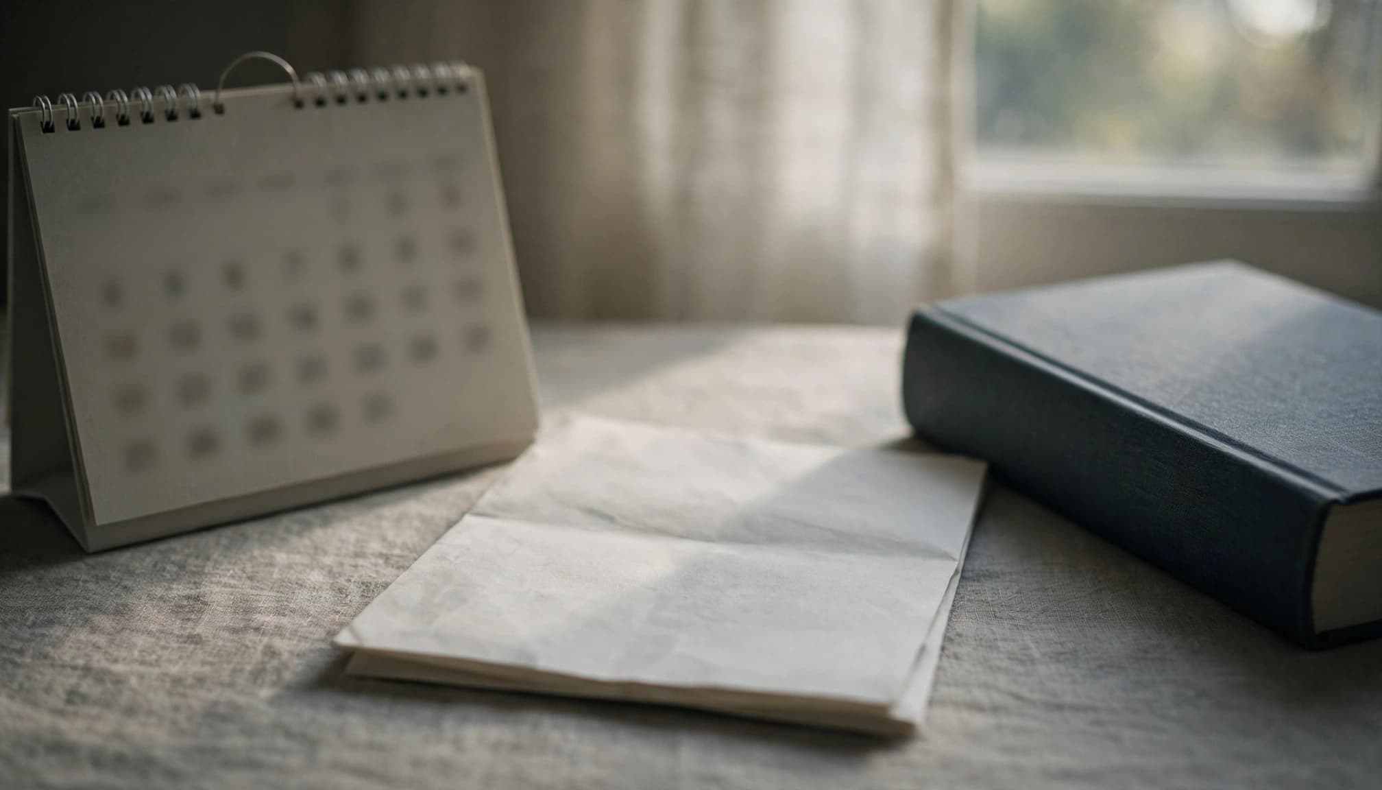 A paper document and bound register sit beside a blurred desk calendar.