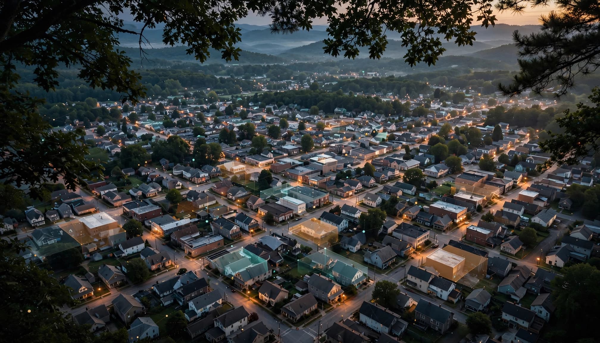 Aerial view of a small town at dusk with glowing residential blocks and hills in the background.